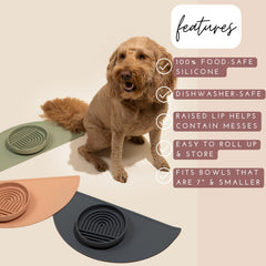 Should We Go? raised-edge pet food mat catches drips.