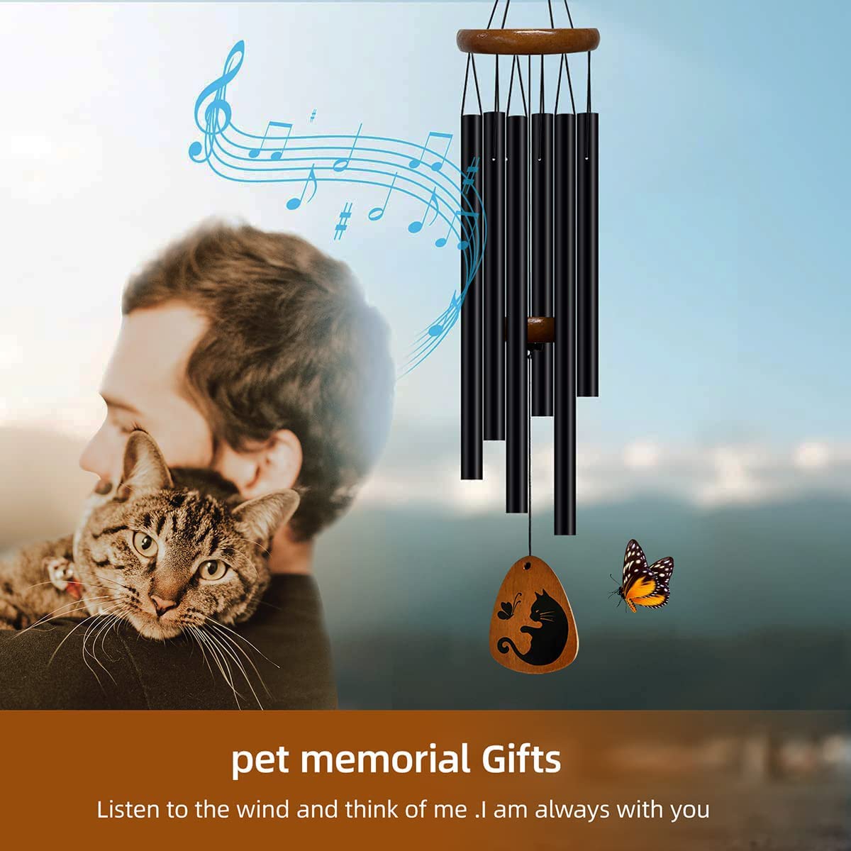 SHOW-YA Cat Memorial Wind Chimes deck-hanging setup creates peaceful outdoor ambiance.