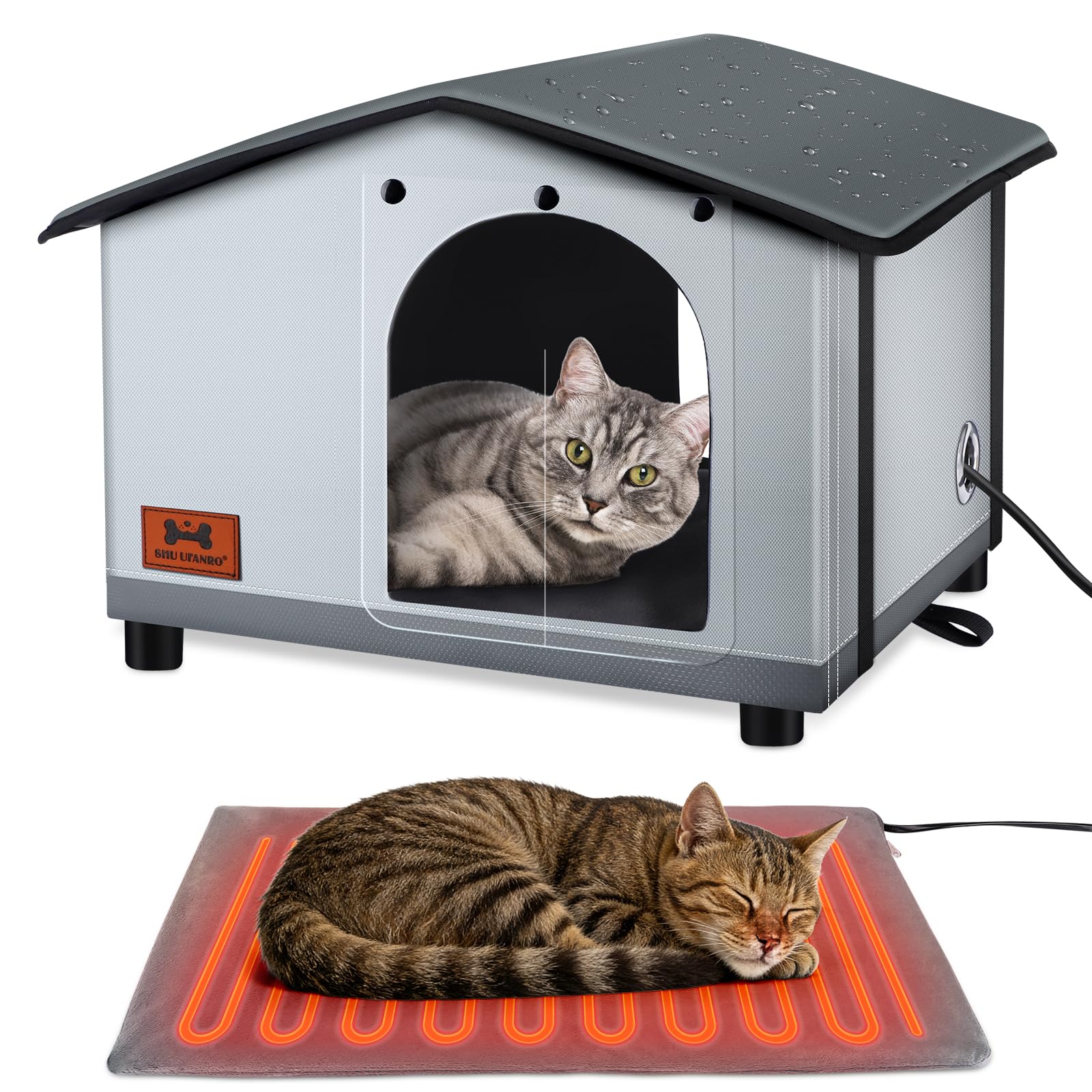 SHU UFANRO insulated cat house with waterproof roof keeps cats dry in rain.