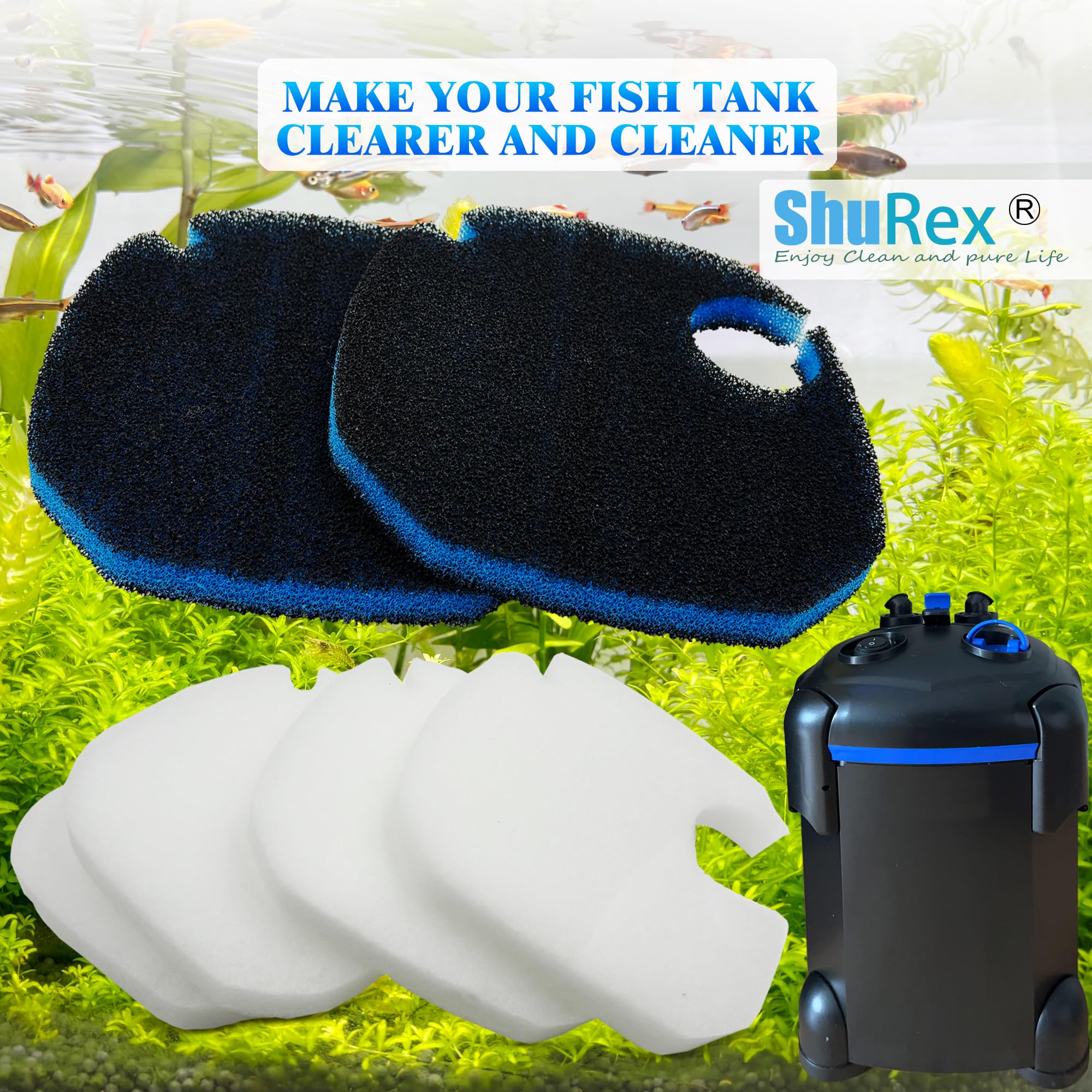 Shurex water-clarity demo illustrates clearer aquarium water after filtration.