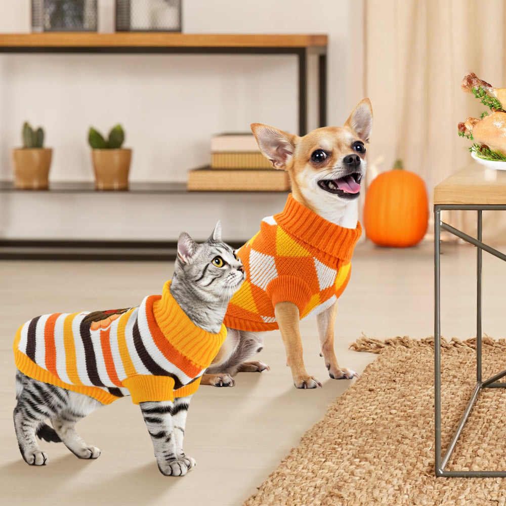 ShuRung puppy Thanksgiving sweater football pattern on plaid background for seasonal wear
