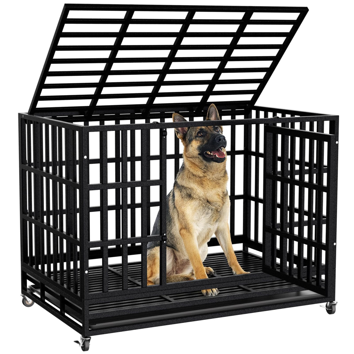 SHUSHIM 48-inch-heavy-duty-dog-crate front view for secure containment of large dogs.