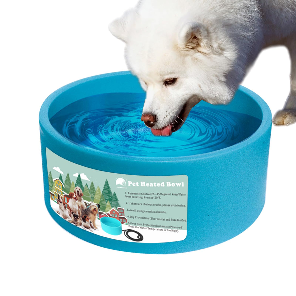 Shylome heated-water-bowl for outdoor dogs and cats prevents freezing in winter.