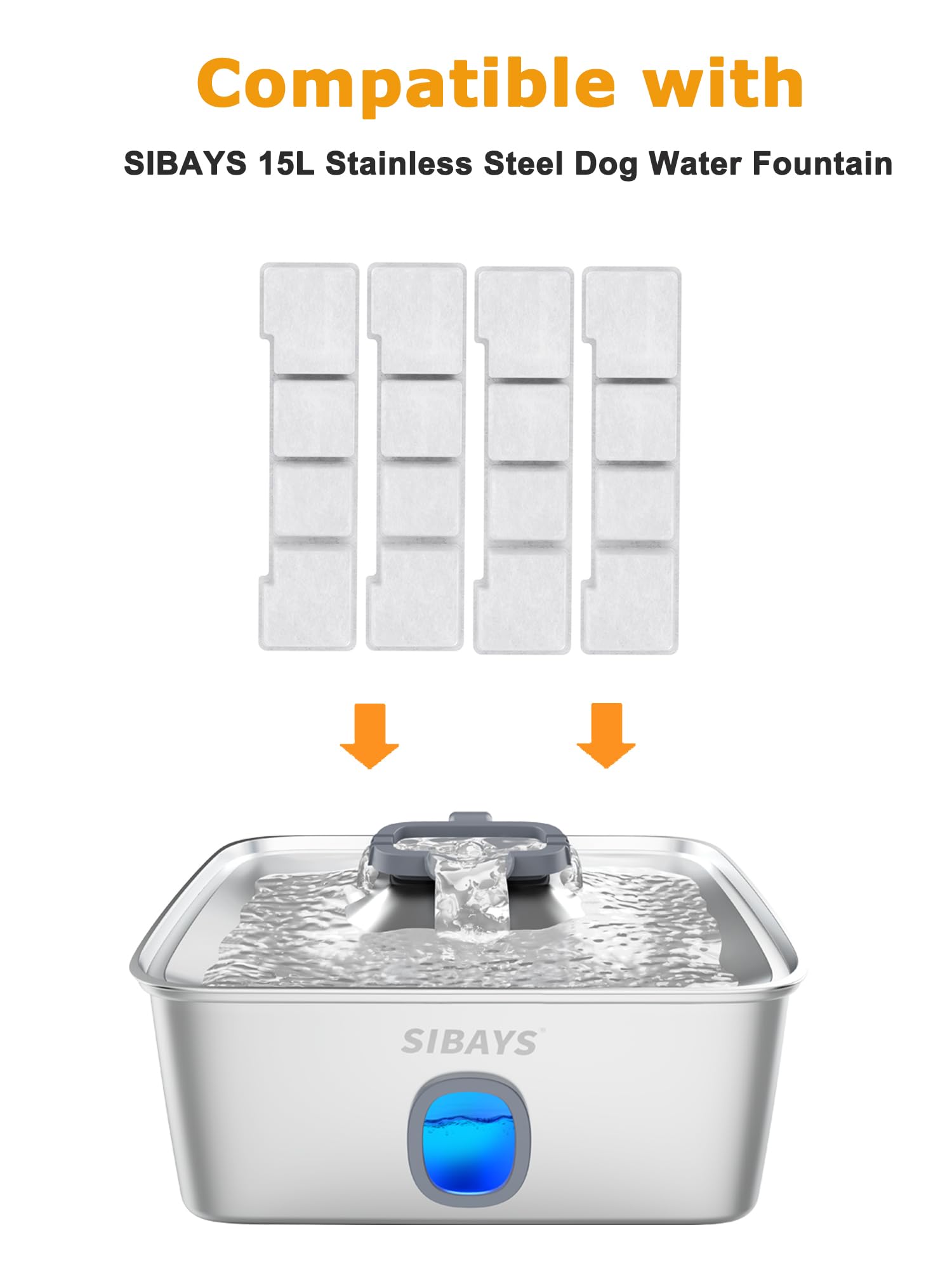 SIBAYS 15L fountain compatibility ensures reliable filtration for large-dog setups.
