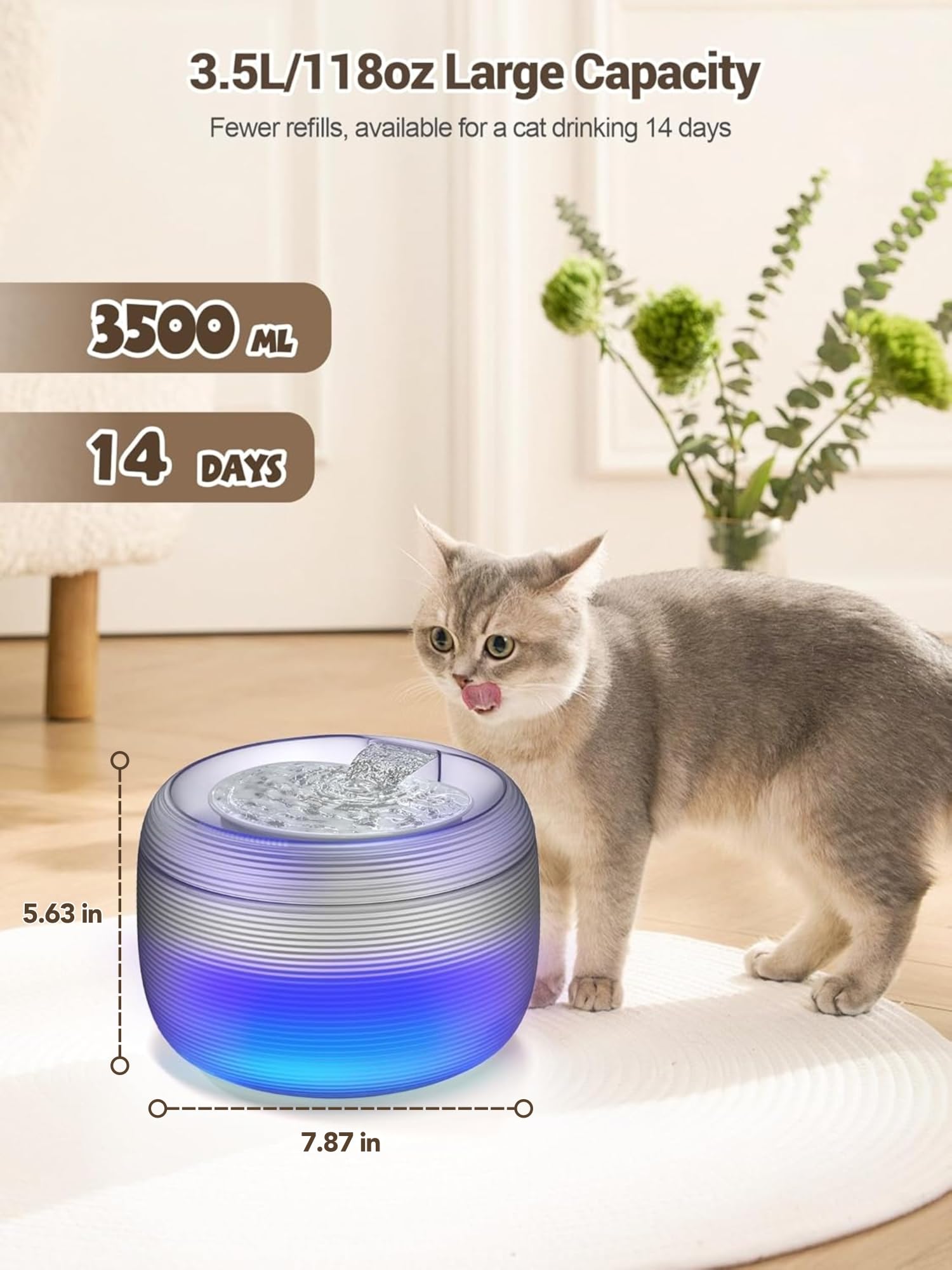 SIBAYS cat water fountain LED level indicator enables easy monitoring and timely refills.