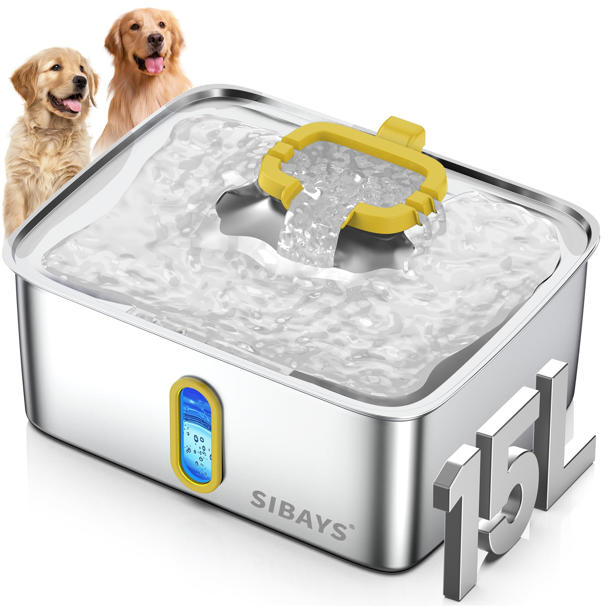 SIBAYS 4Gal fountain front view showing large capacity for multiple pets.