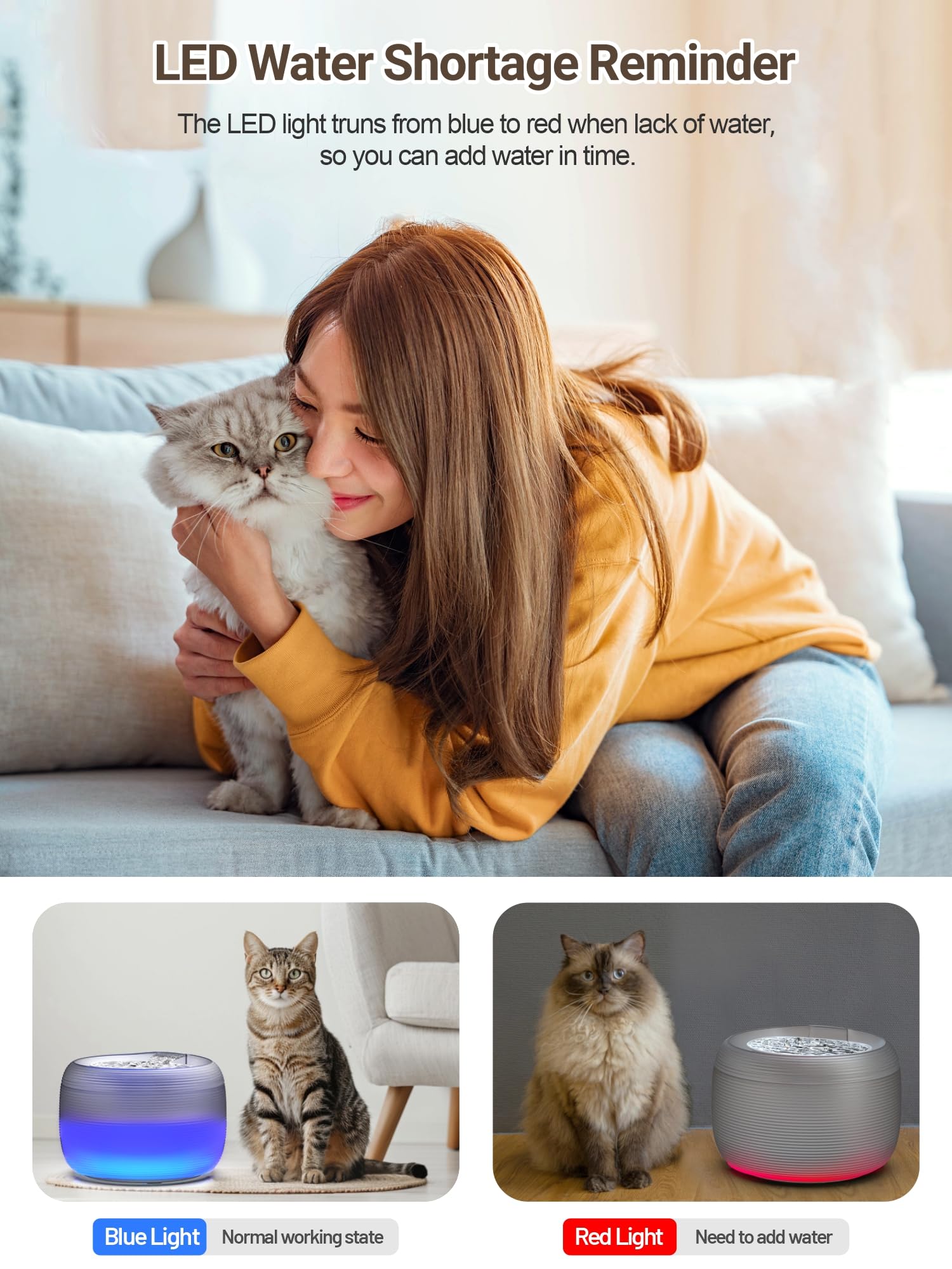 SIBAYS cat fountain LED basin light shows water level at a glance.