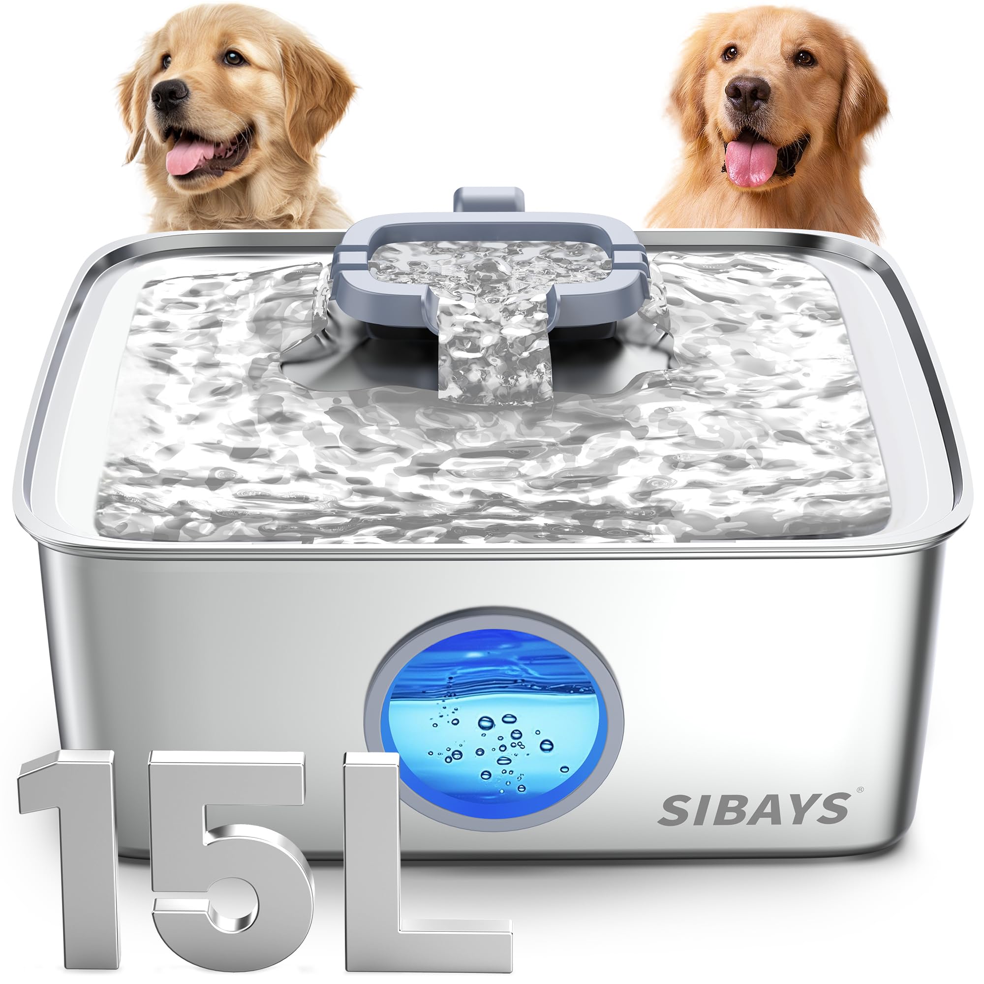 SIBAYS 4Gal-capacity dog water fountain provides ample hydration for multiple pets.