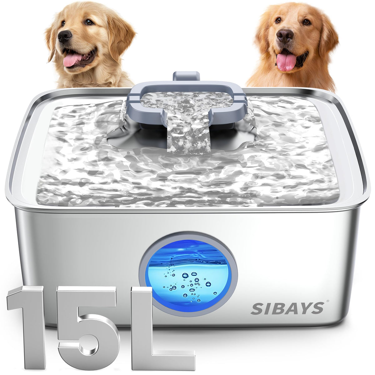 SIBAYS 4Gal-capacity dog water fountain provides ample hydration for multiple pets.