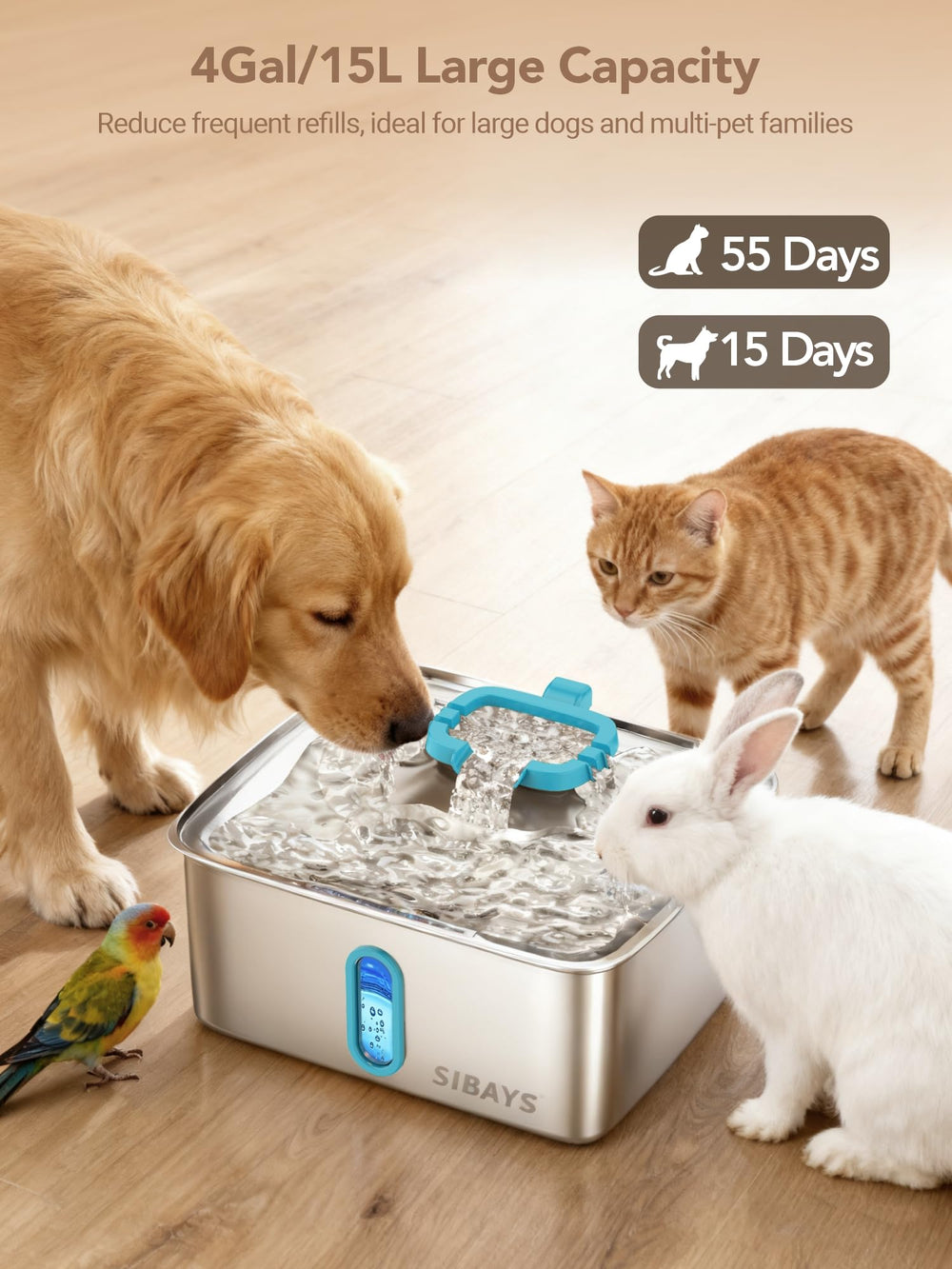SIBAYS 4Gal dog fountain visible water level window for easy monitoring
