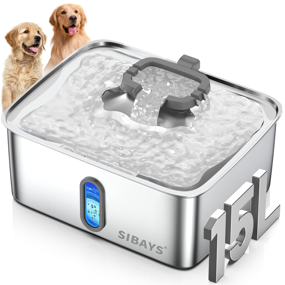 SIBAYS fourgal dog water fountain in silver shows large capacity for big breeds.