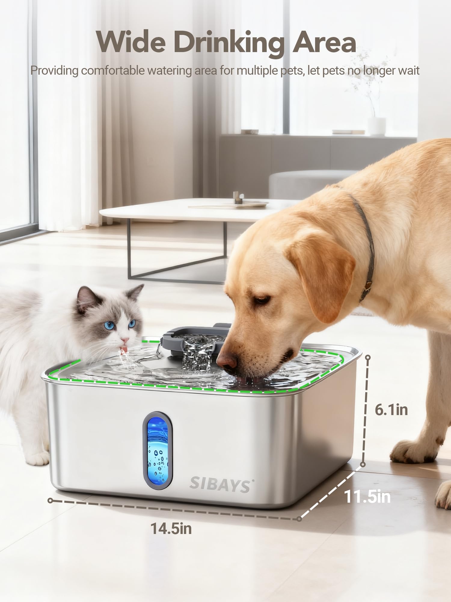 SIBAYS large-capacity fountain supports multi-pet households between refills.
