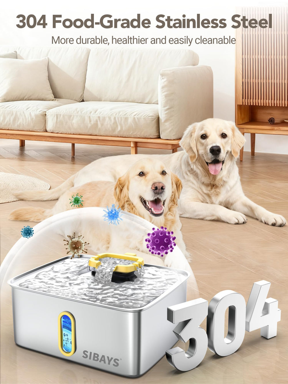 SIBAYS stainless-steel construction offers durable, easy-to-clean water fountain for pets.