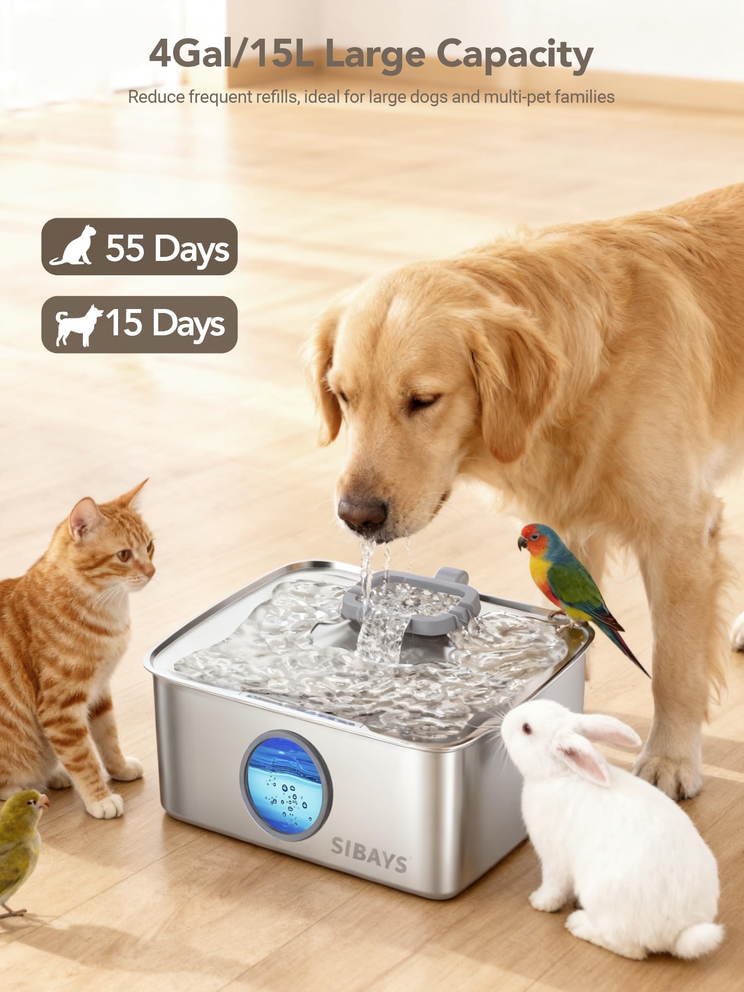 SIBAYS stainless-steel dog fountain emphasizes durable construction for healthy water.