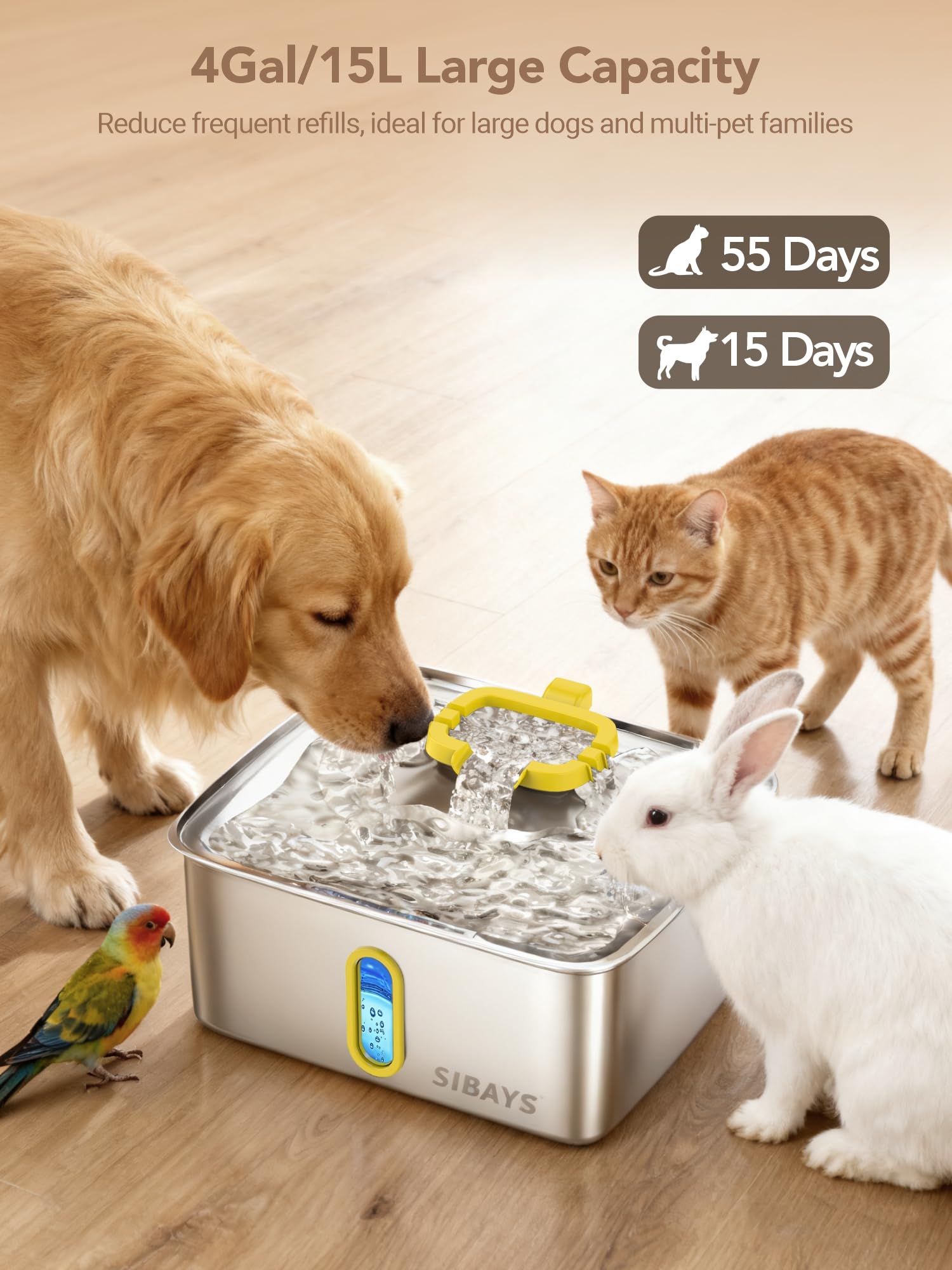 SIBAYS ultra-quiet operation keeps the home peaceful during pet drinking.