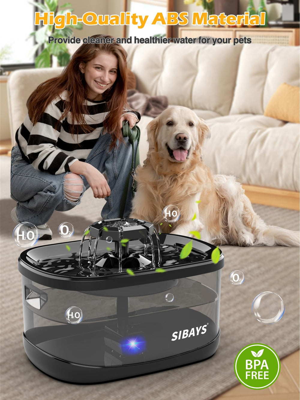 SIBAYS ultra-quiet pump operates below 23dB for unobtrusive pet hydration.