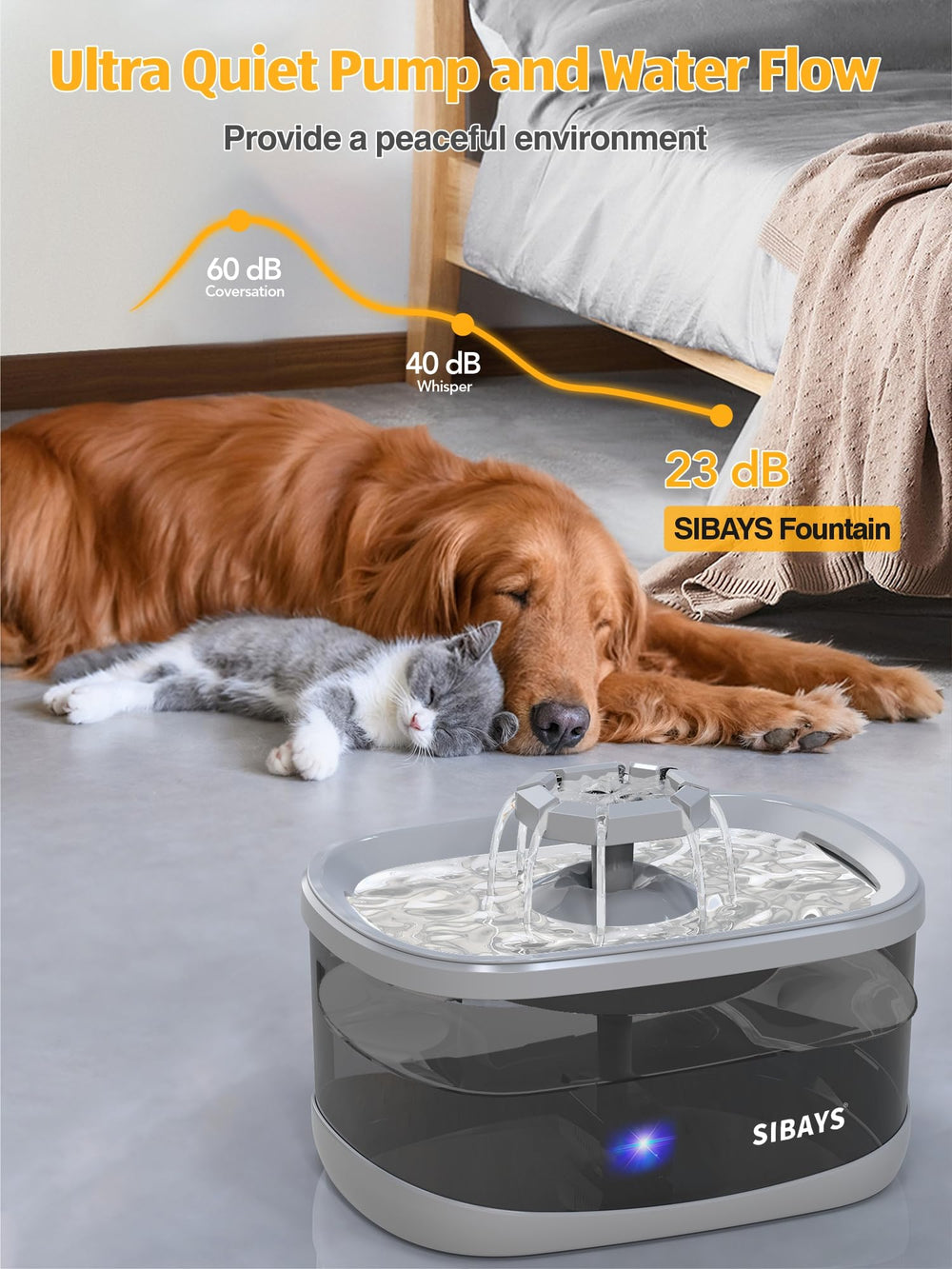 SIBAYS ultra-quiet pump operates quietly to avoid disturbing pets.