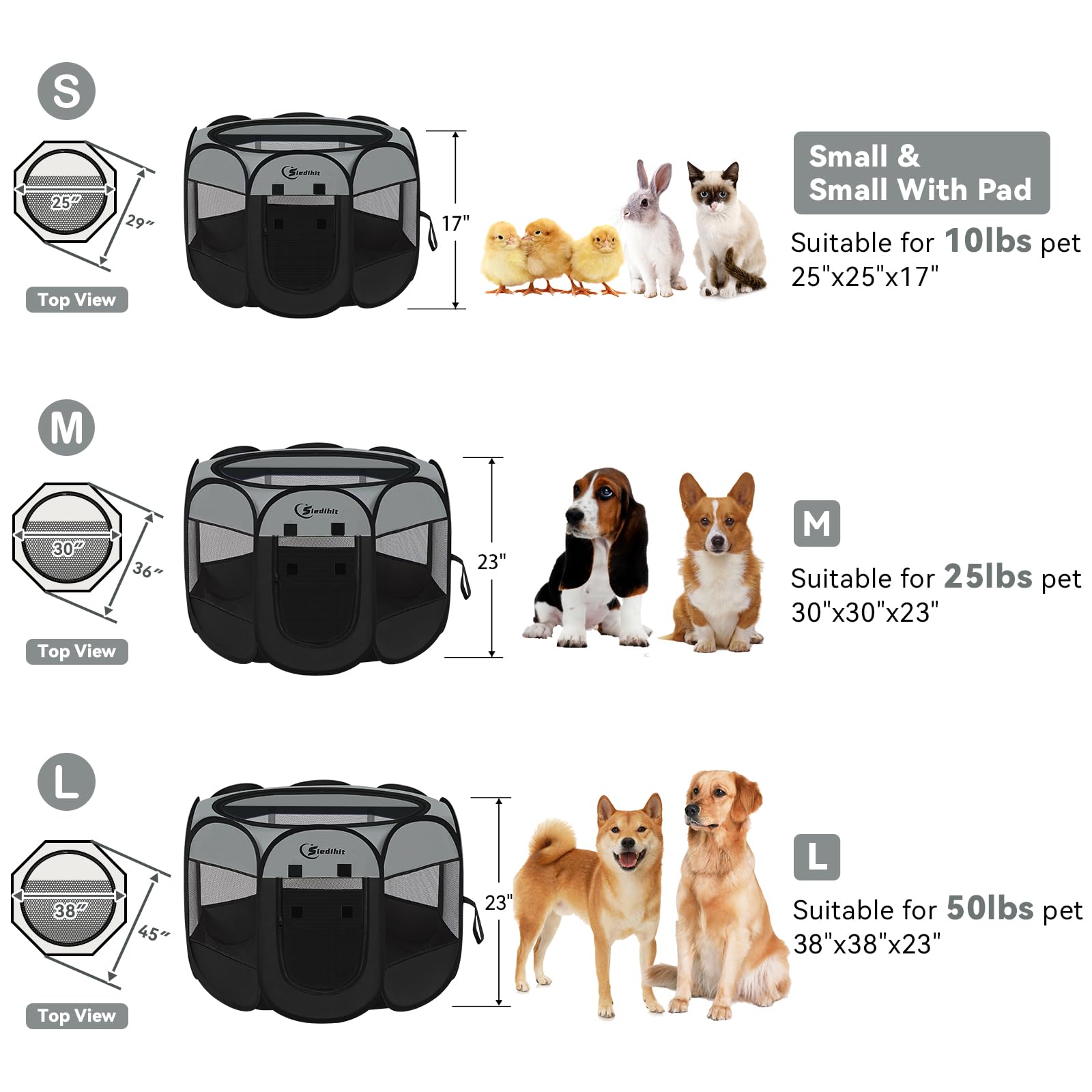 Siedihit dark grey playpen multi-pet usage with cats, dogs, and rabbits.