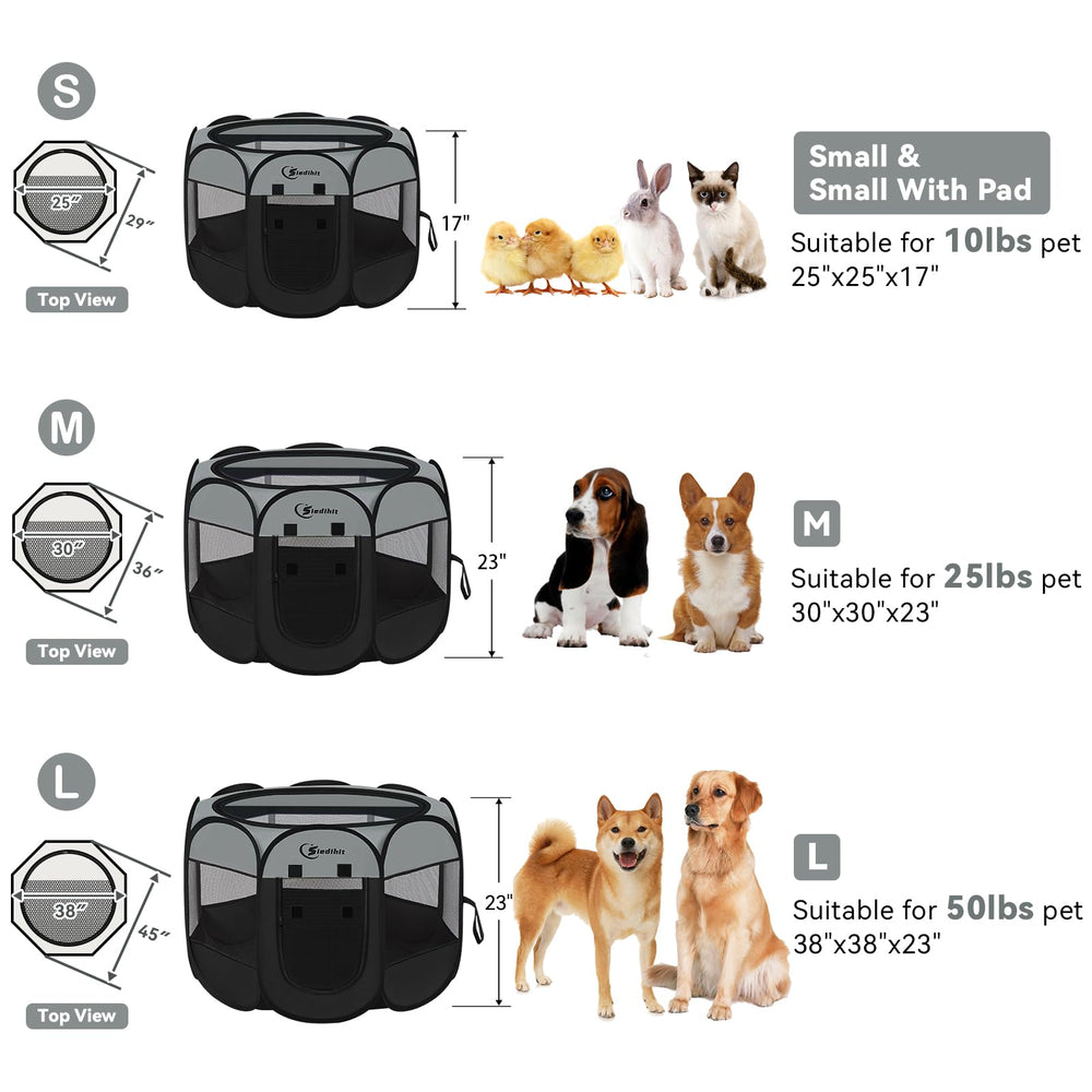 Siedihit dark grey playpen multi-pet usage with cats, dogs, and rabbits.