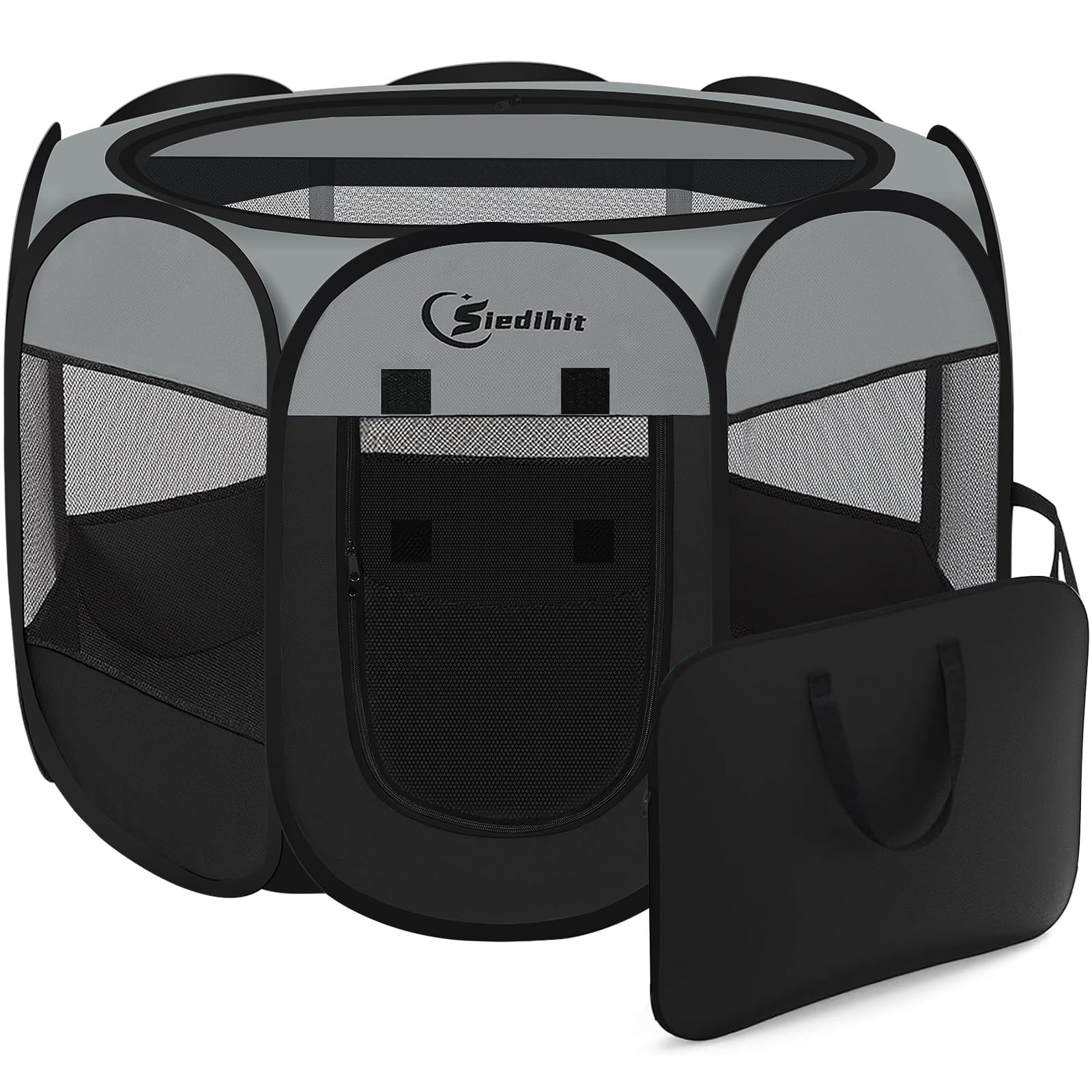 Siedihit dark grey playpen side view for easy pet monitoring indoors or outdoors.