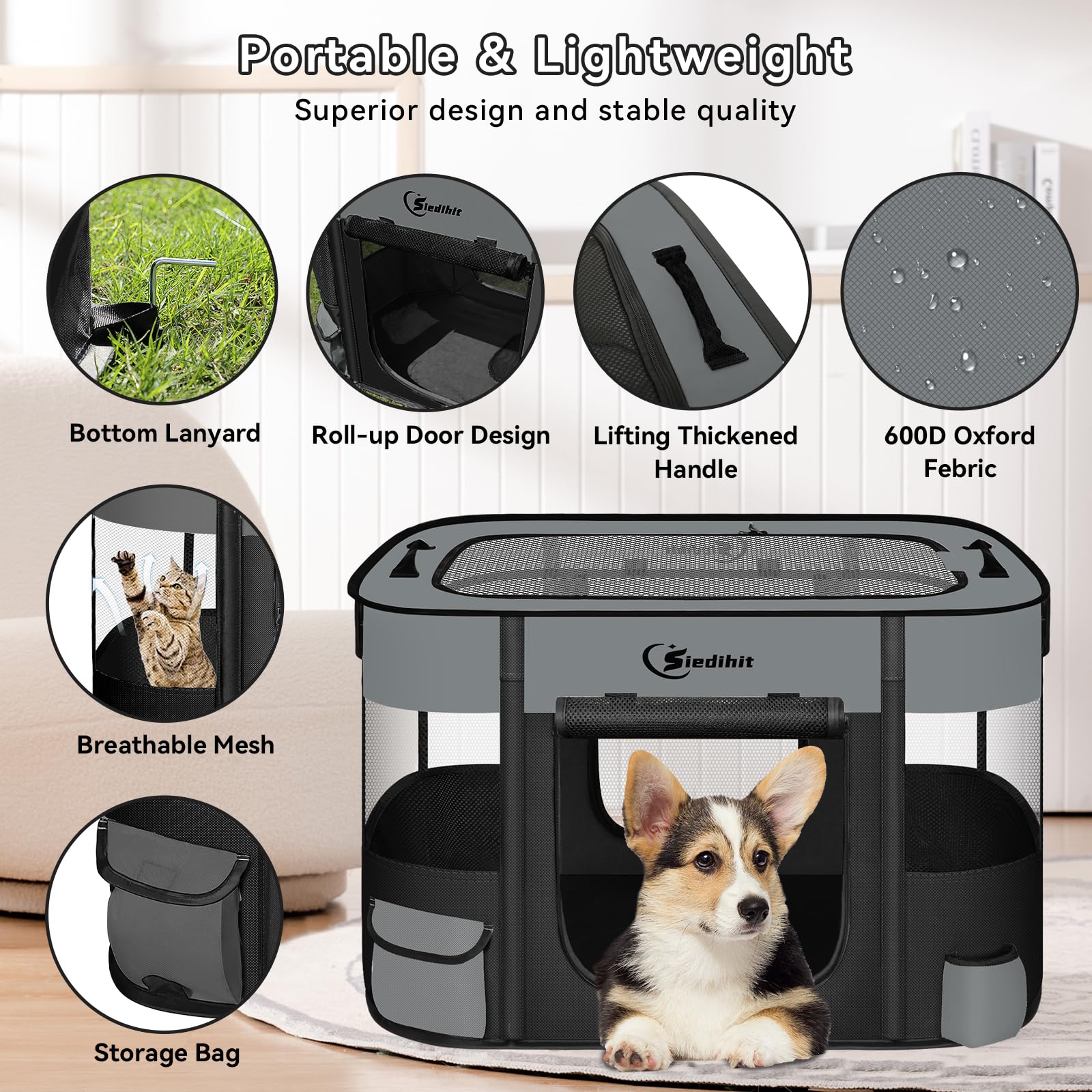 Siedihit dog cat playpen with travel carry-case in dark grey, convenient for trips