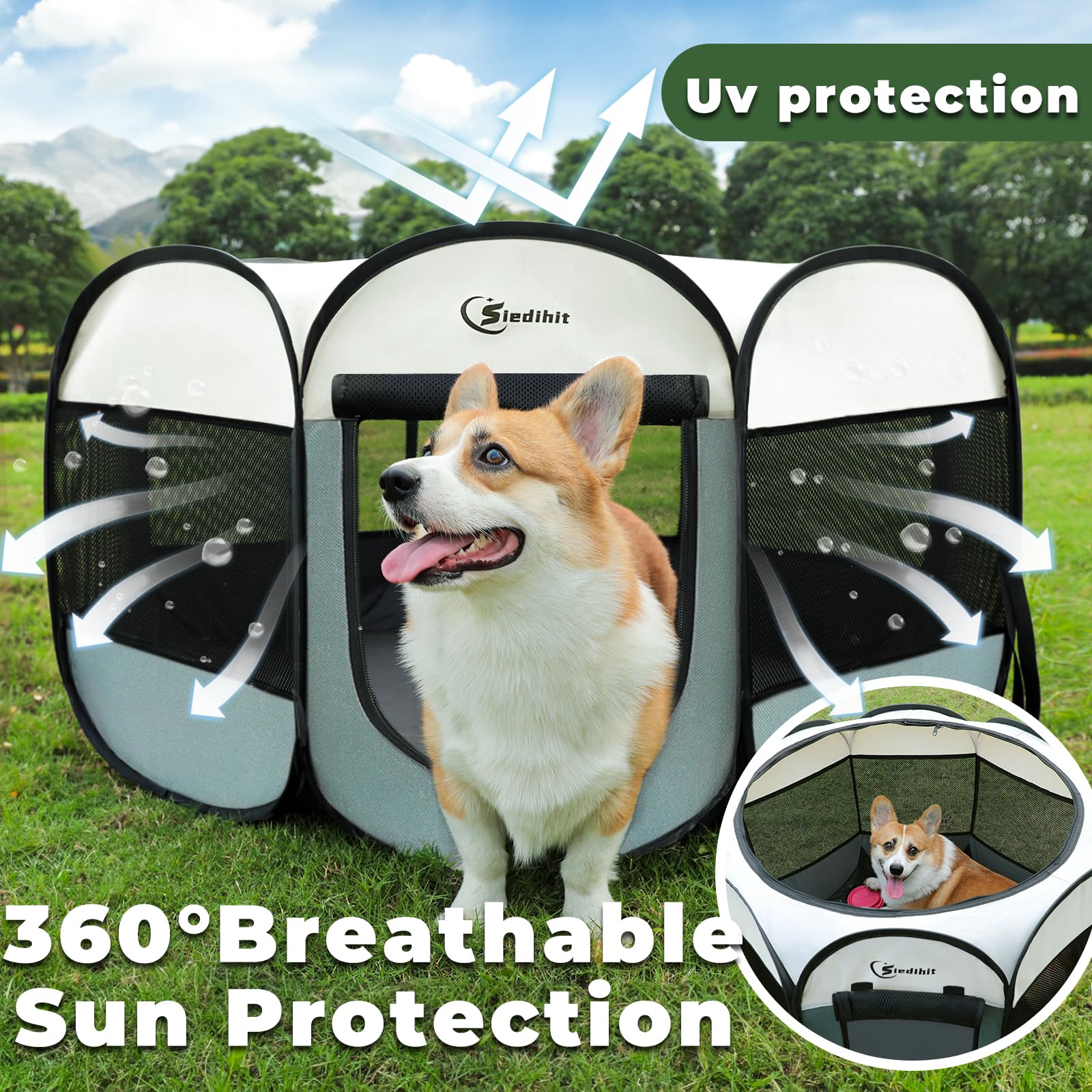 Siedihit playpen with 360-degree visibility for easy supervision.