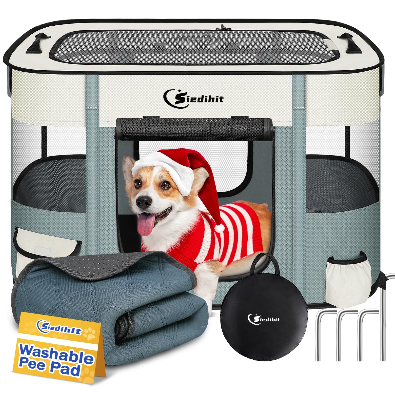 Siedihit dog playpen grey pad front view for safe indoor use.