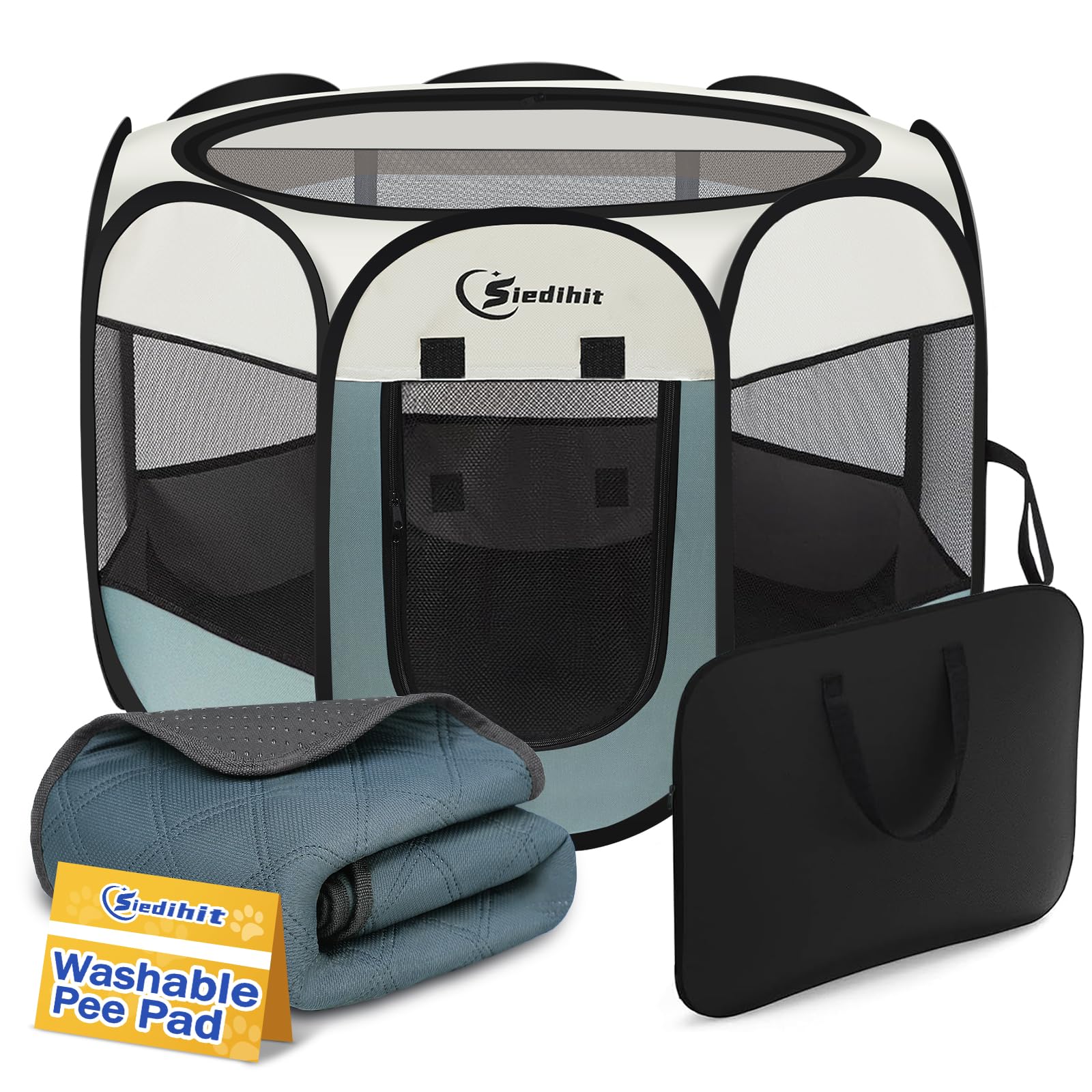 Siedihit dog playpen grey side view showing breathable mesh for safe indoor play