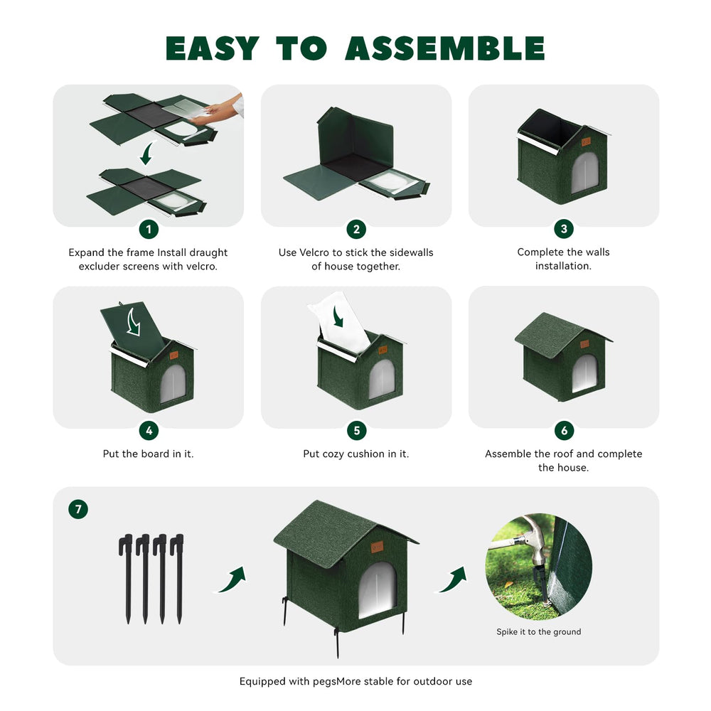 Siedihit outdoor cat house assembly image highlights tool-free Velcro setup.