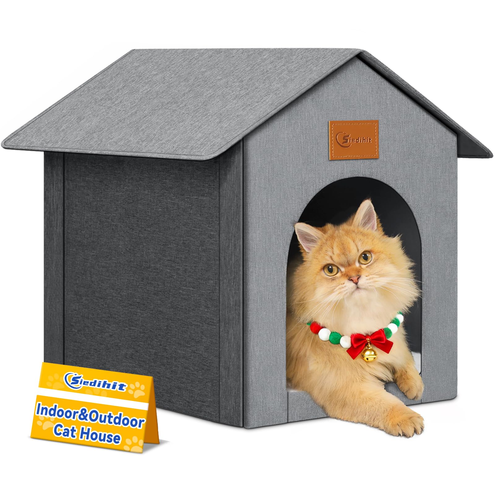 Siedihit Outdoor Cat House front view showing weatherproof shelter for rainy days