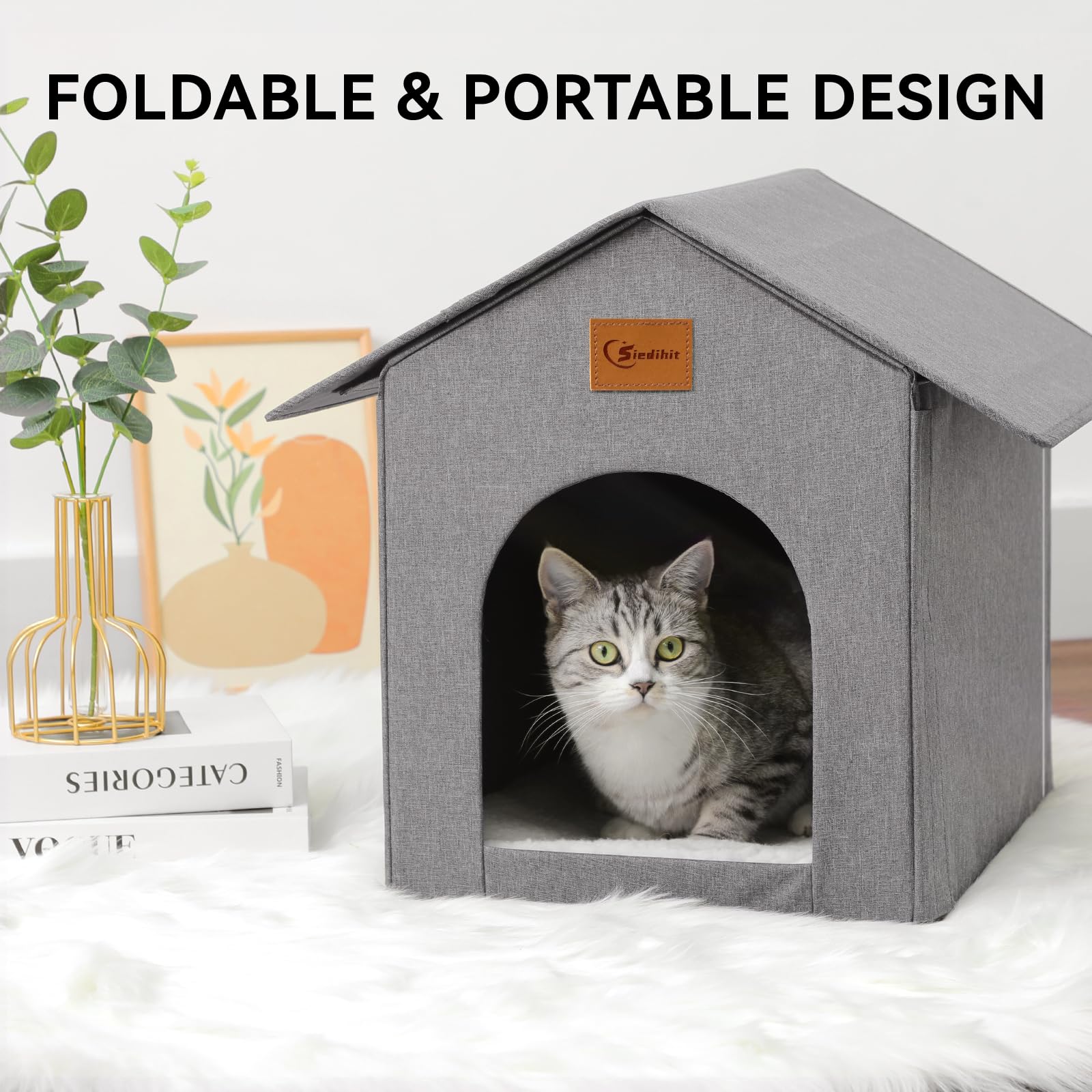 Siedihit Outdoor Cat House indoor-use shown as cozy cat cave