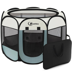 Siedihit playpen grey dog side view shows sturdy eight-panel design for roomy containment