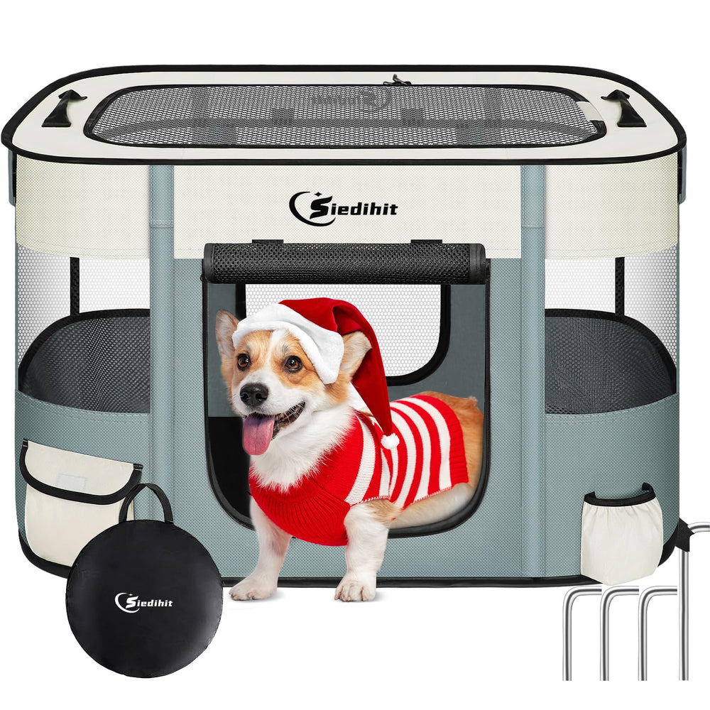 Siedihit playpen grey side view shows safe containment for small pets on the go