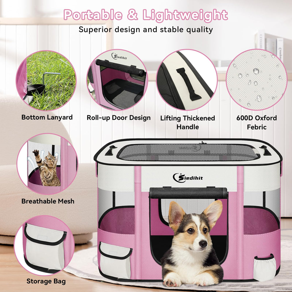 Siedihit playpen pink small carry case image emphasizes portability and storage.