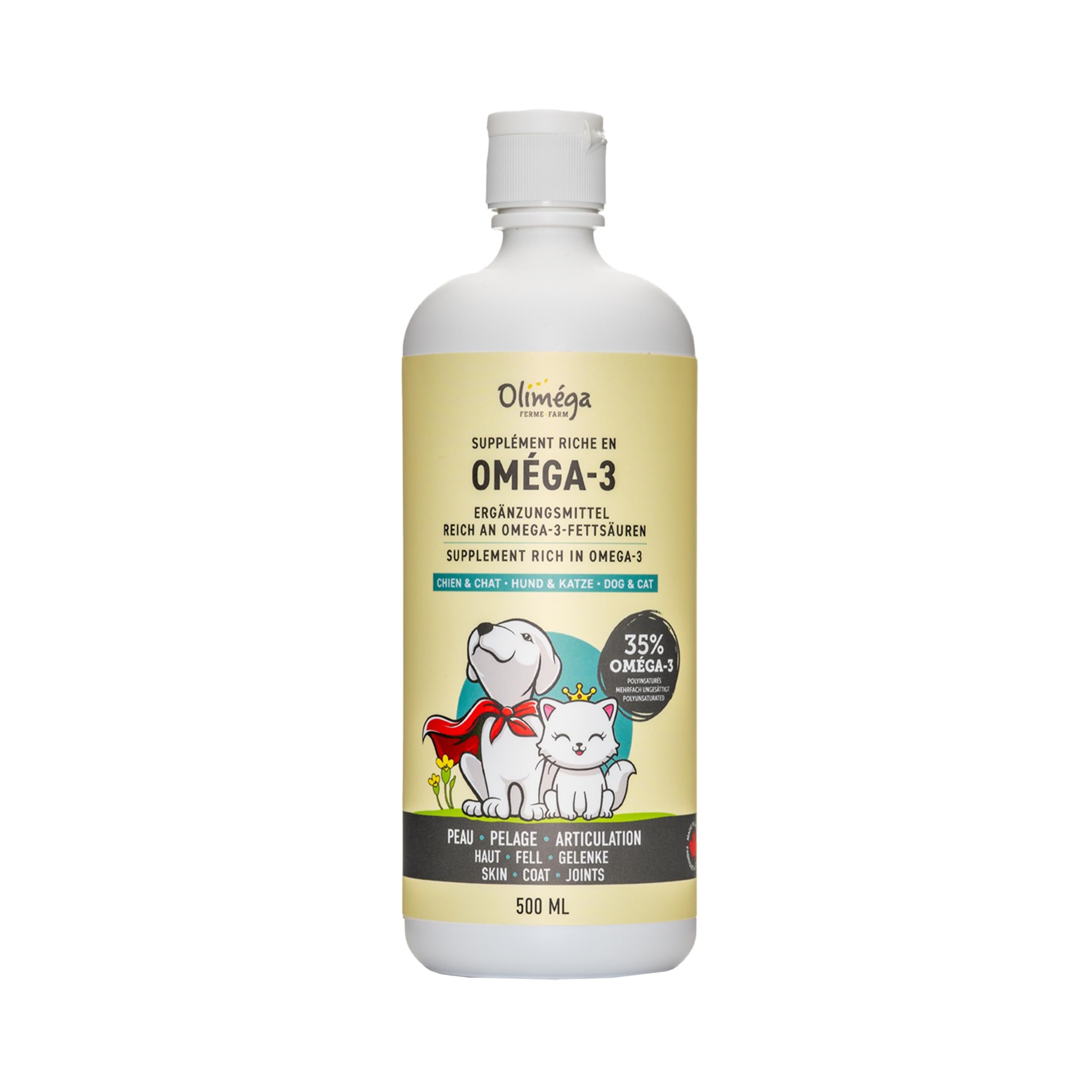 Signe Cameline camelina oil bottle 500ml for pets supports joints, coat, and skin.