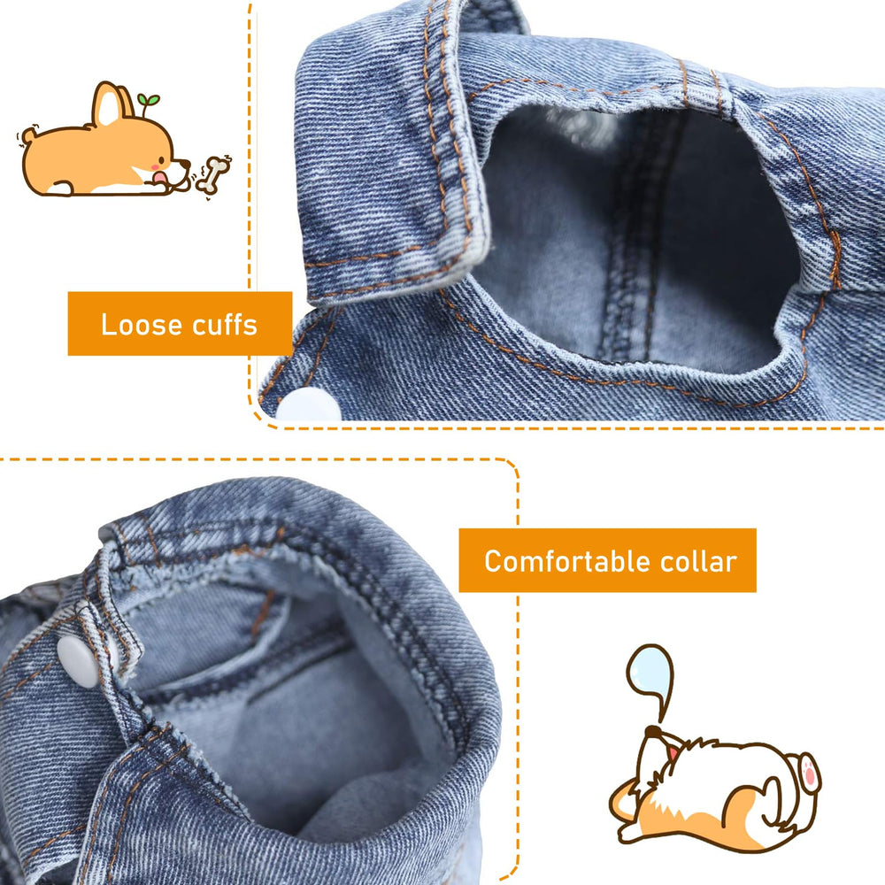 SILD lapel denim dog jacket close-up shows retro style.