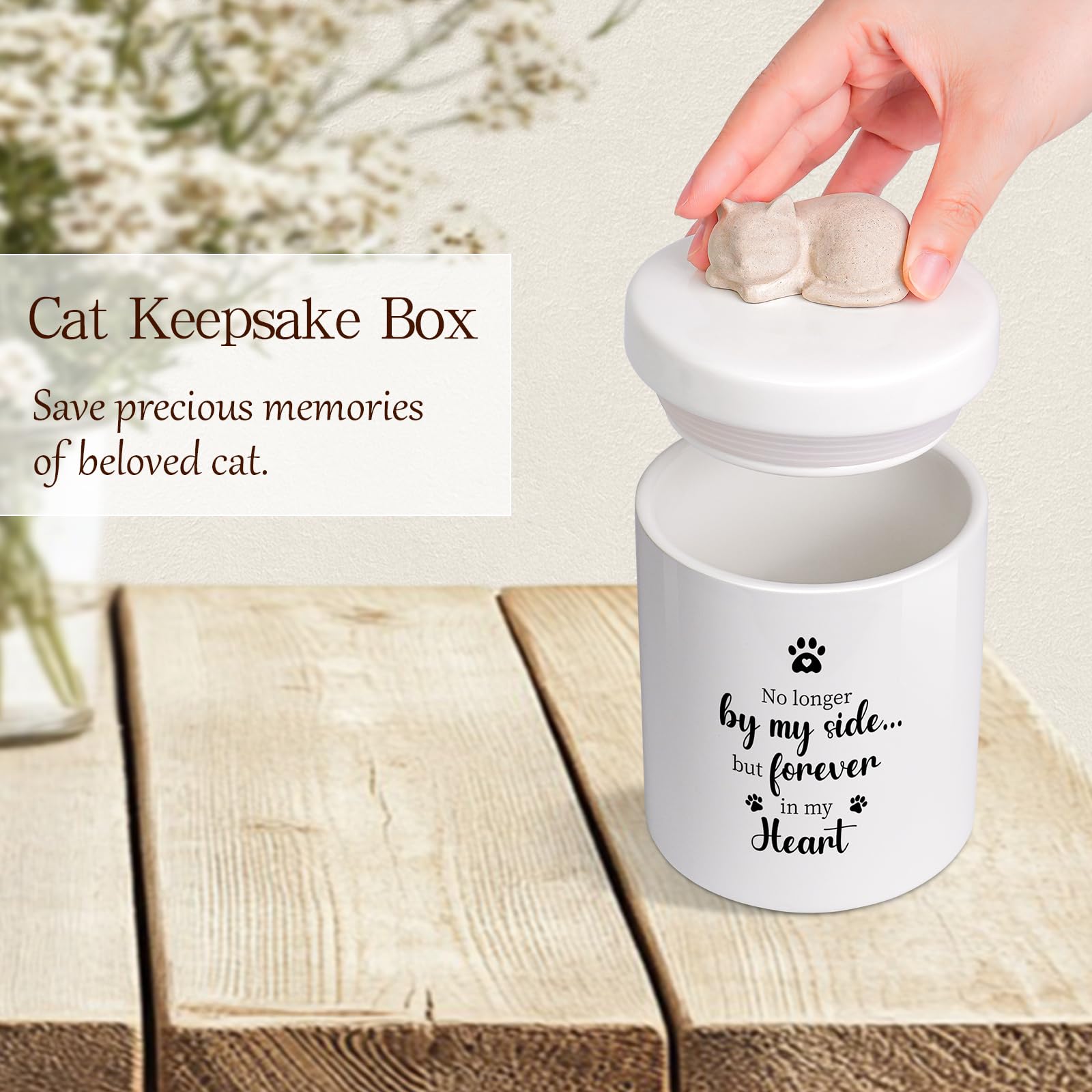 Silkwishes cat urn features white glazed jar with unglazed statue contrast