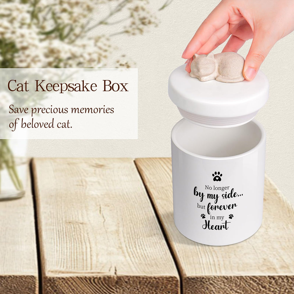 Silkwishes cat urn features white glazed jar with unglazed statue contrast