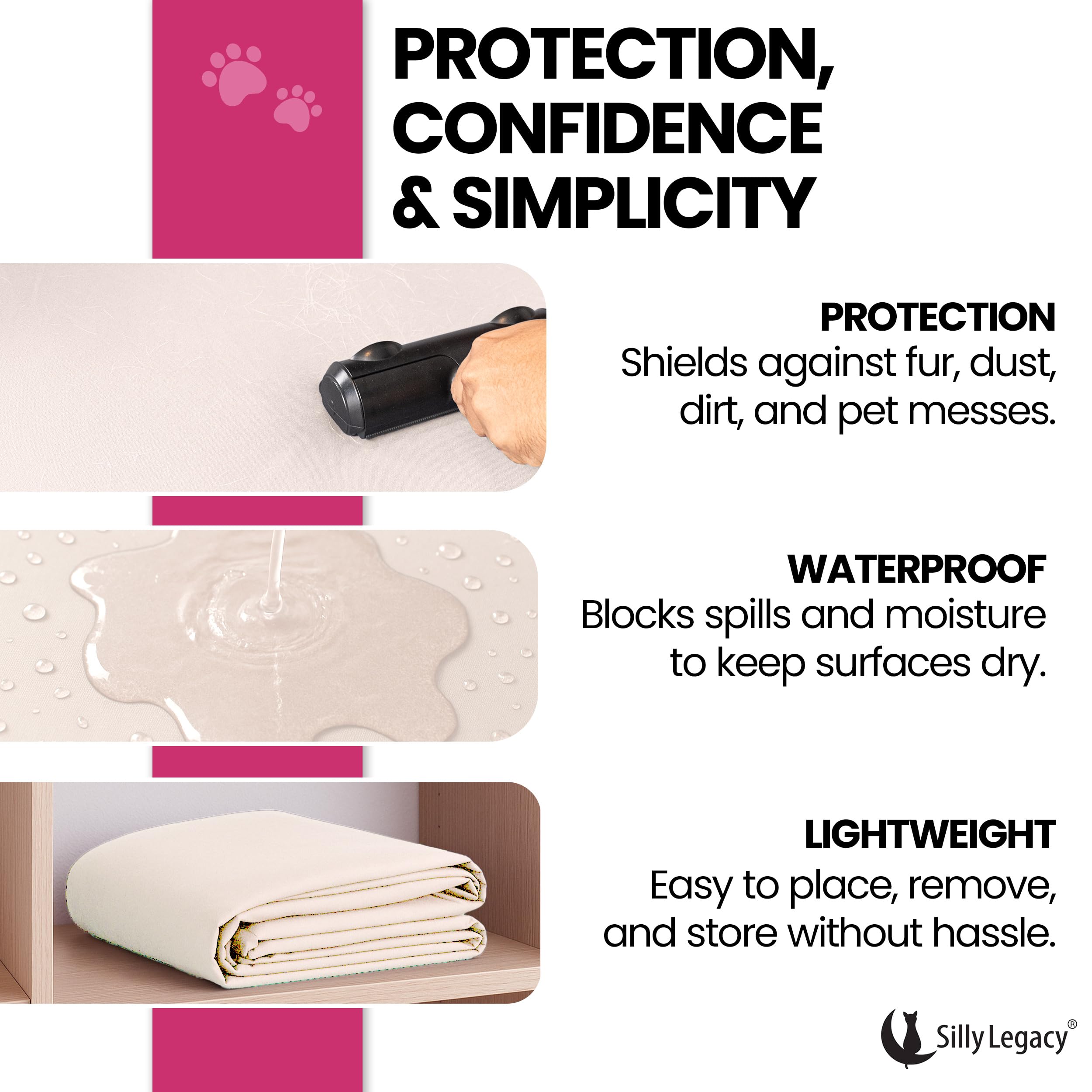 SILLY LEGACY top view highlights full-coverage protector for duvets and comforters.