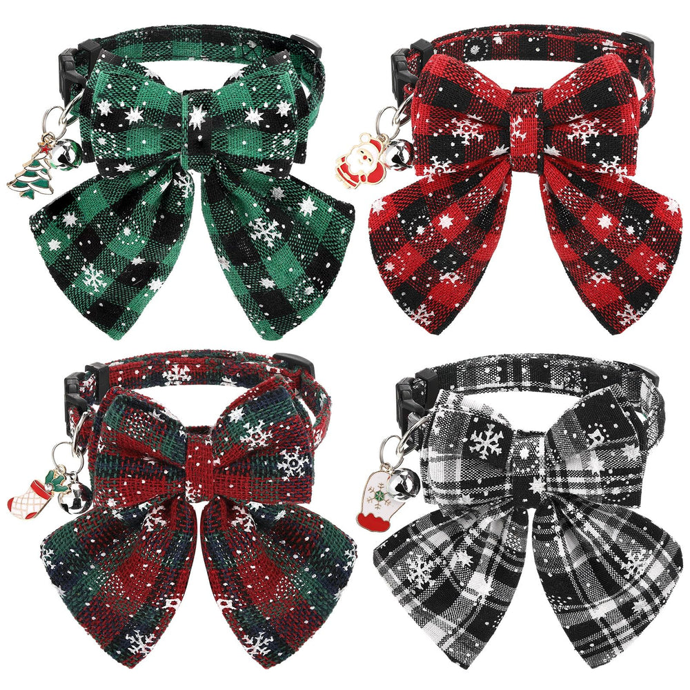 SilTriangle Christmas cat collar with plaid bow for festive kitten style.