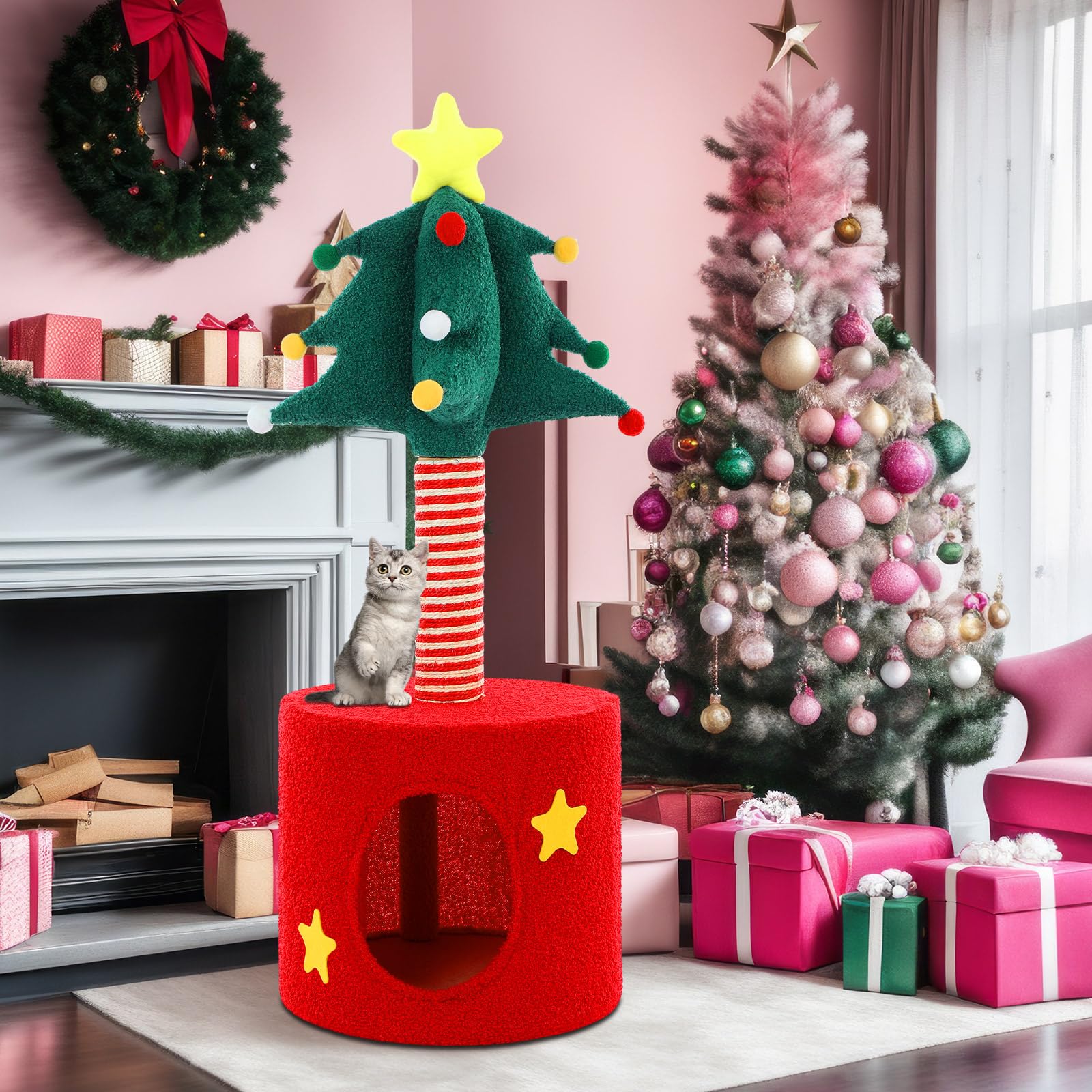 SilTriangle Christmas Cat Tree festive design enhances room decor while entertaining pets.