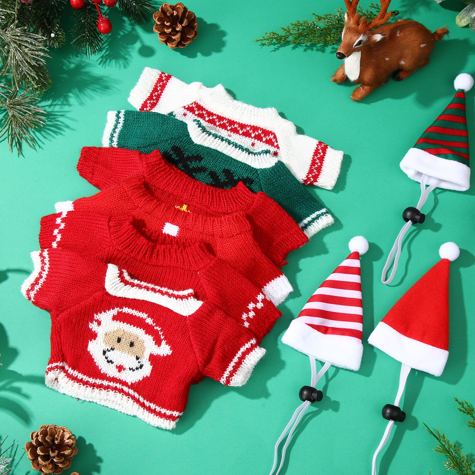 SilTriangle Christmas costume with deer and tree accents on small pet.