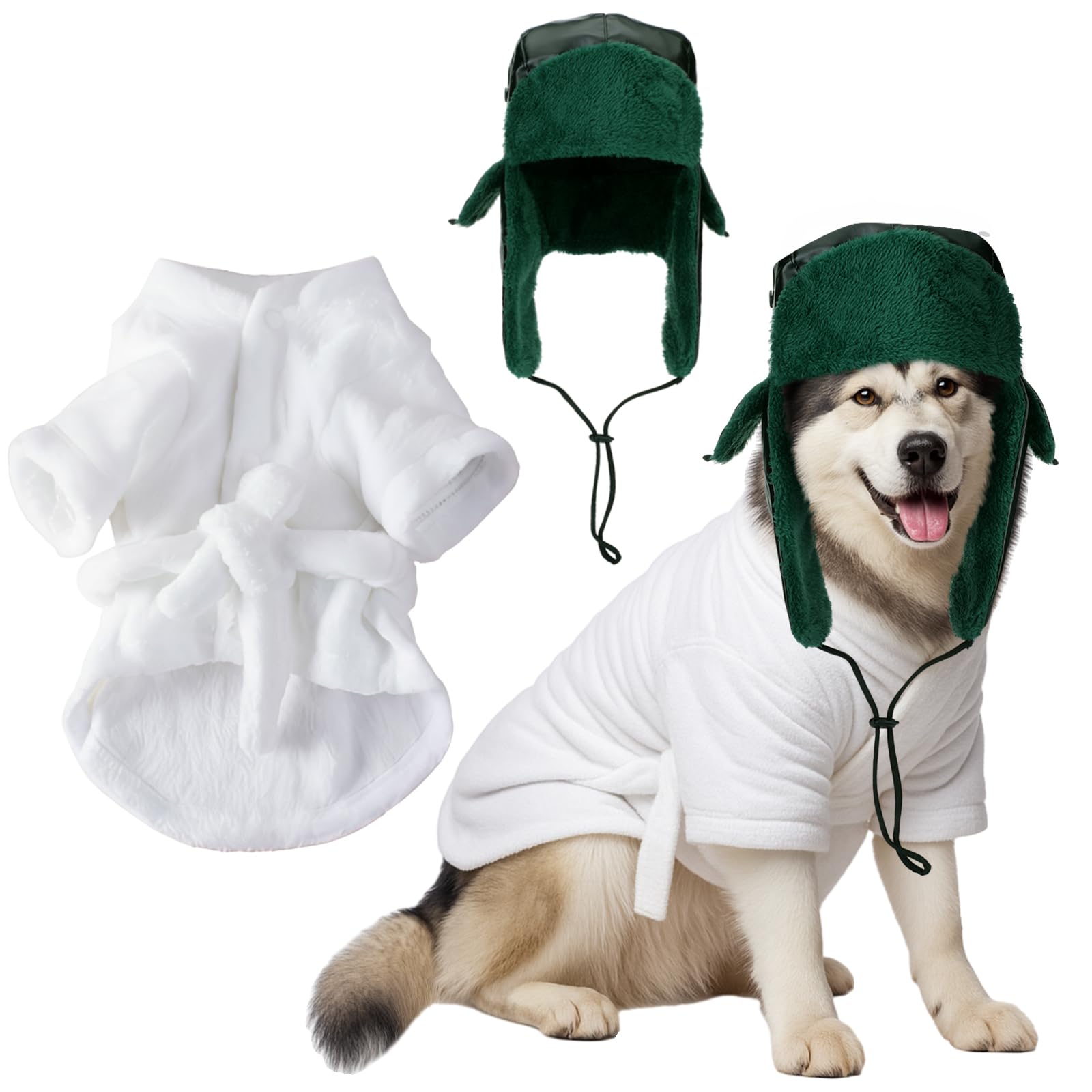 SilTriangle Christmas dog bathrobe with hat in green, warm and quick-drying.