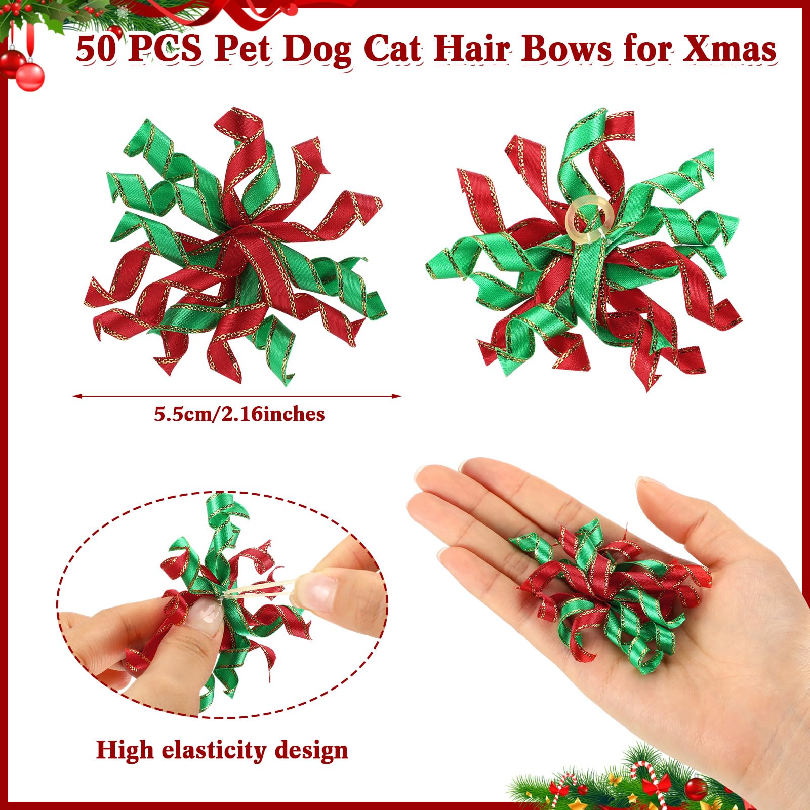 SilTriangle Christmas dog bows red-green closeup highlights cheerful colors for holiday cheer.