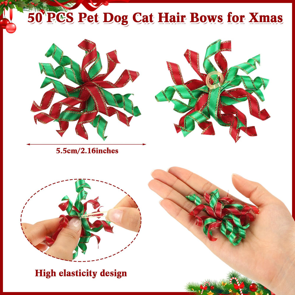 SilTriangle Christmas dog bows red-green closeup highlights cheerful colors for holiday cheer.