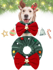 SilTriangle Christmas dog wreath collar in green with red bow for festive holiday looks
