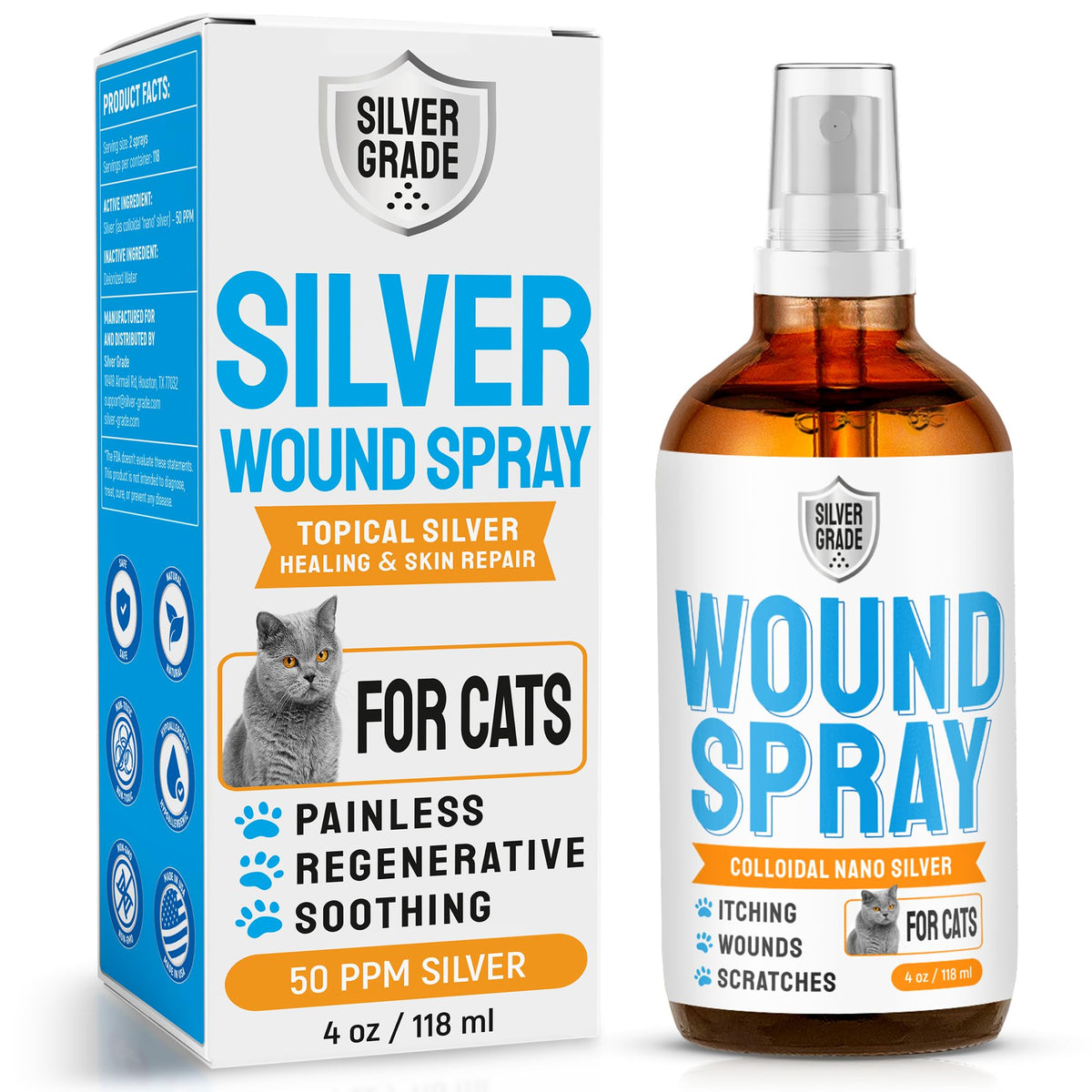 Silver Grade Cat Wound Spray bottle demonstrates simple application for cat skin care.