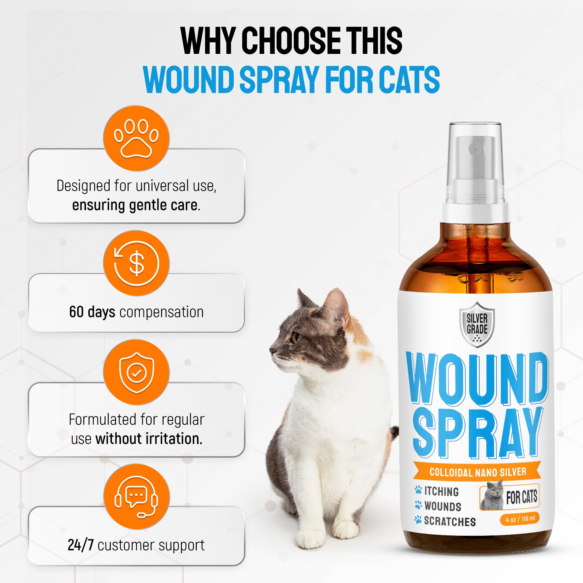 Silver Grade Cat Wound Spray cone-use scene highlights licking prevention.