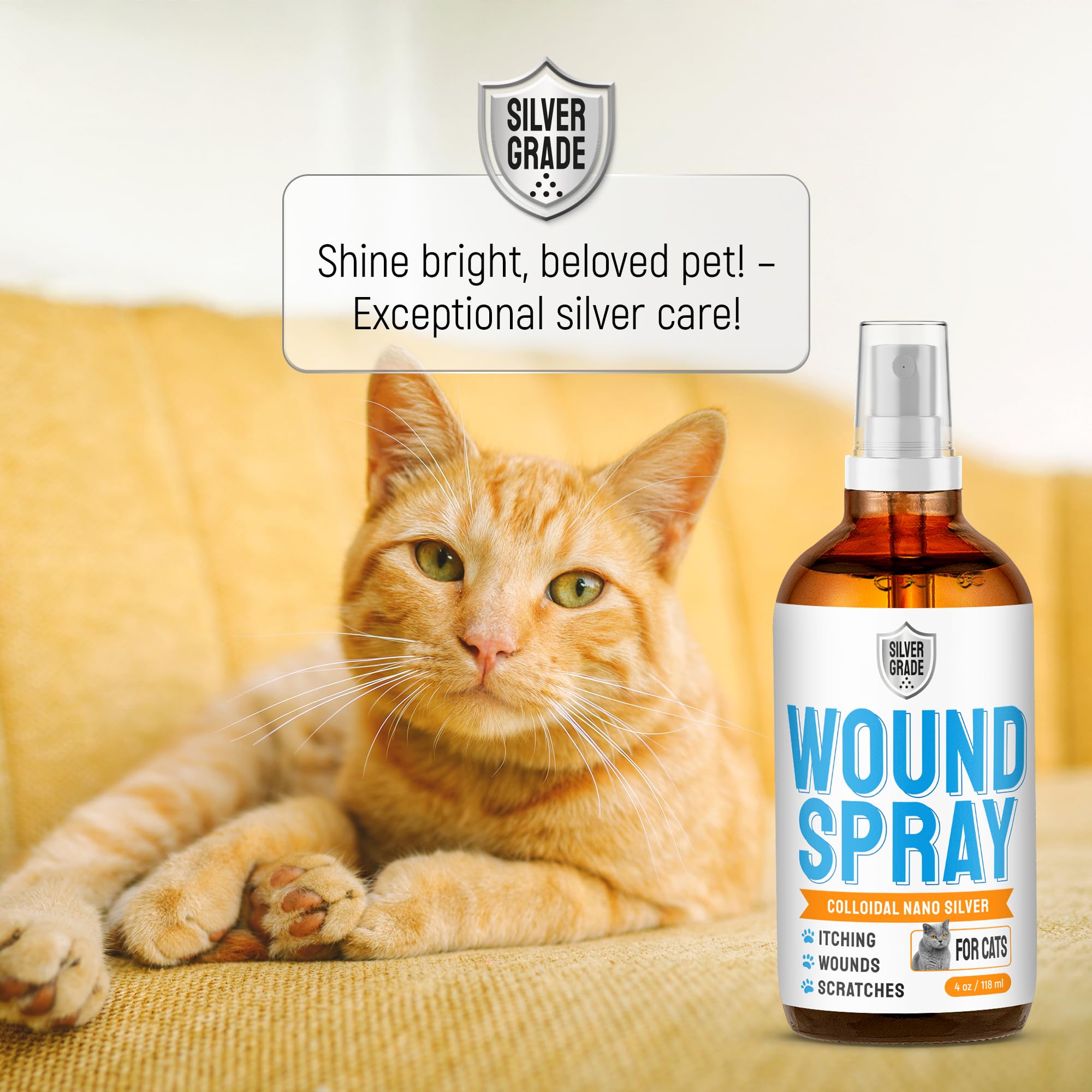 Silver Grade Cat Wound Spray safe-for-all-breeds label implies versatile care.