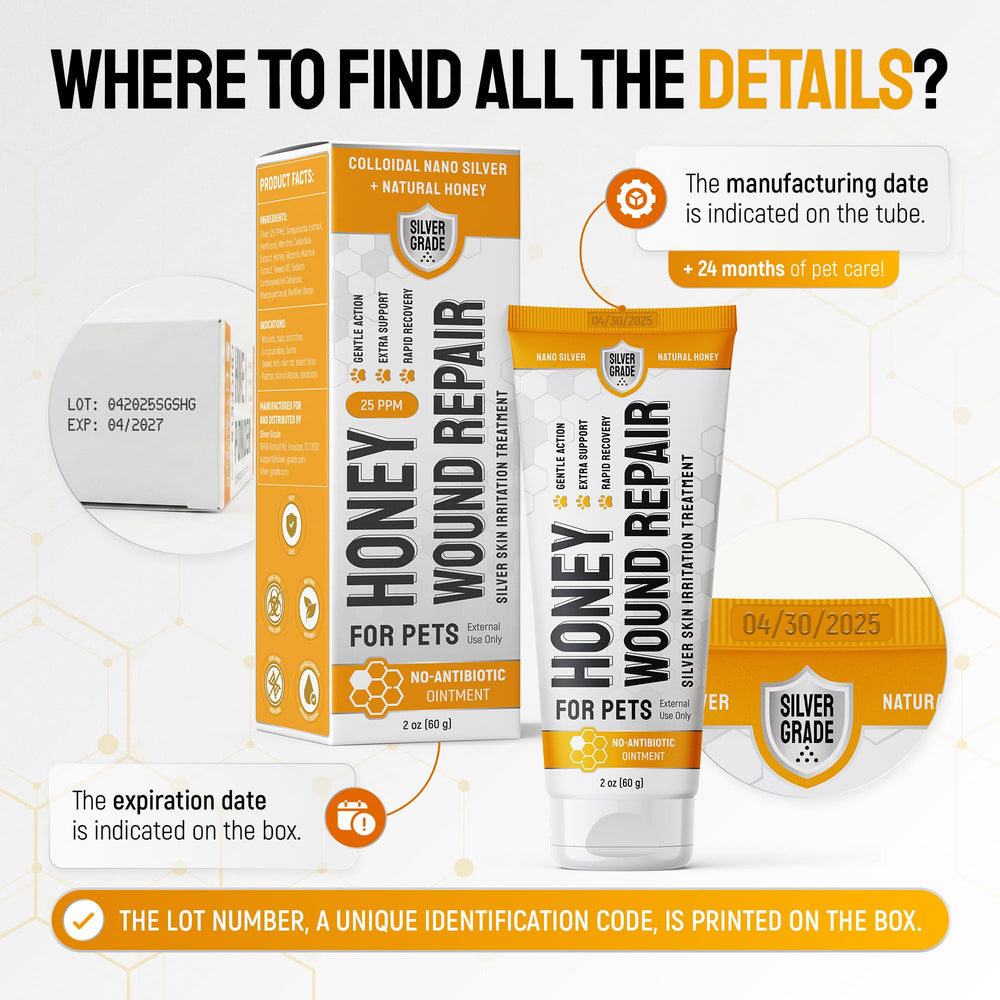 Silver Grade colloidal silver honey ingredients shown for safe topical wound care.